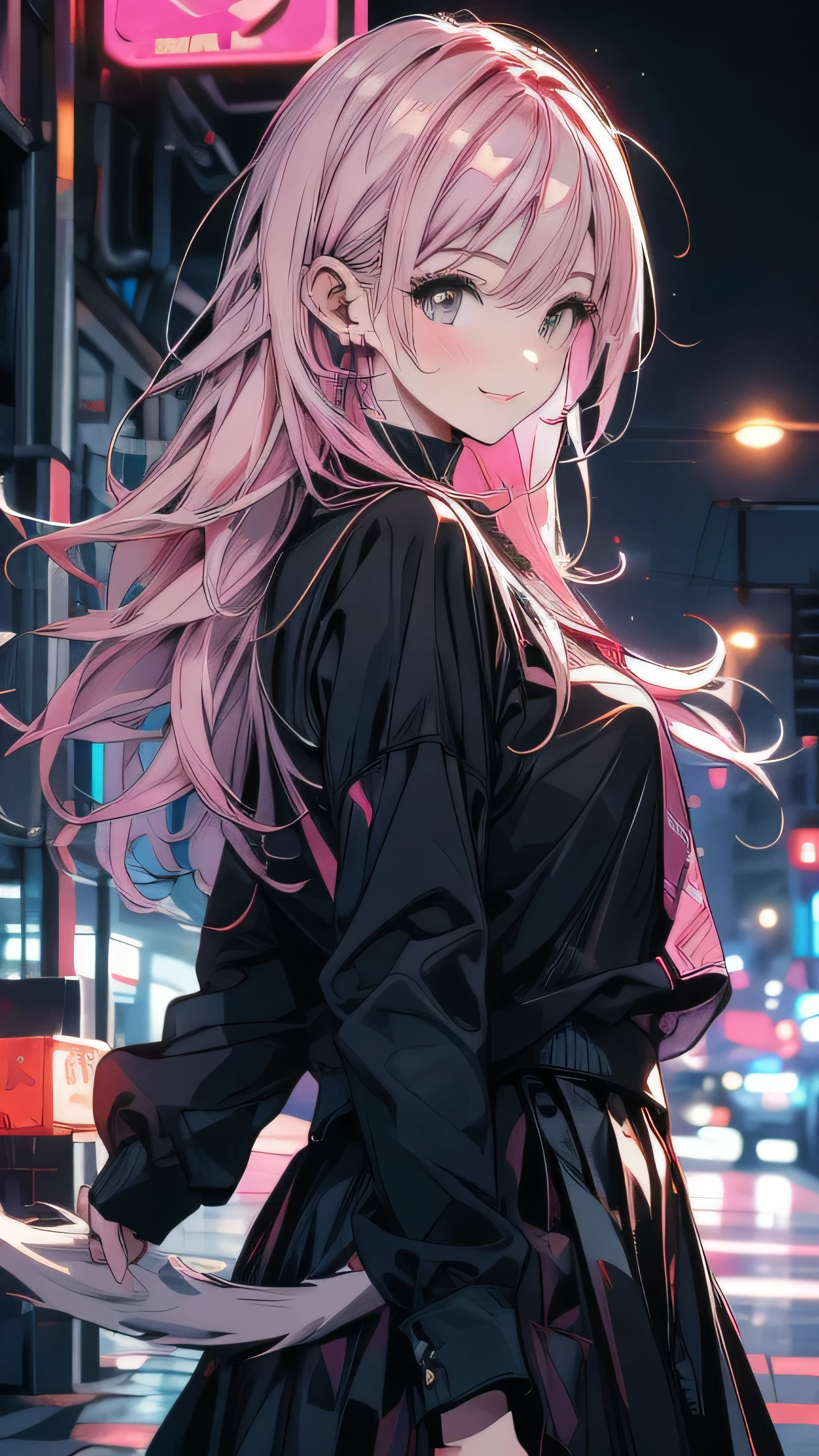 Pink Hair，Black clothes，City Background，Smiling expression，Double Tail