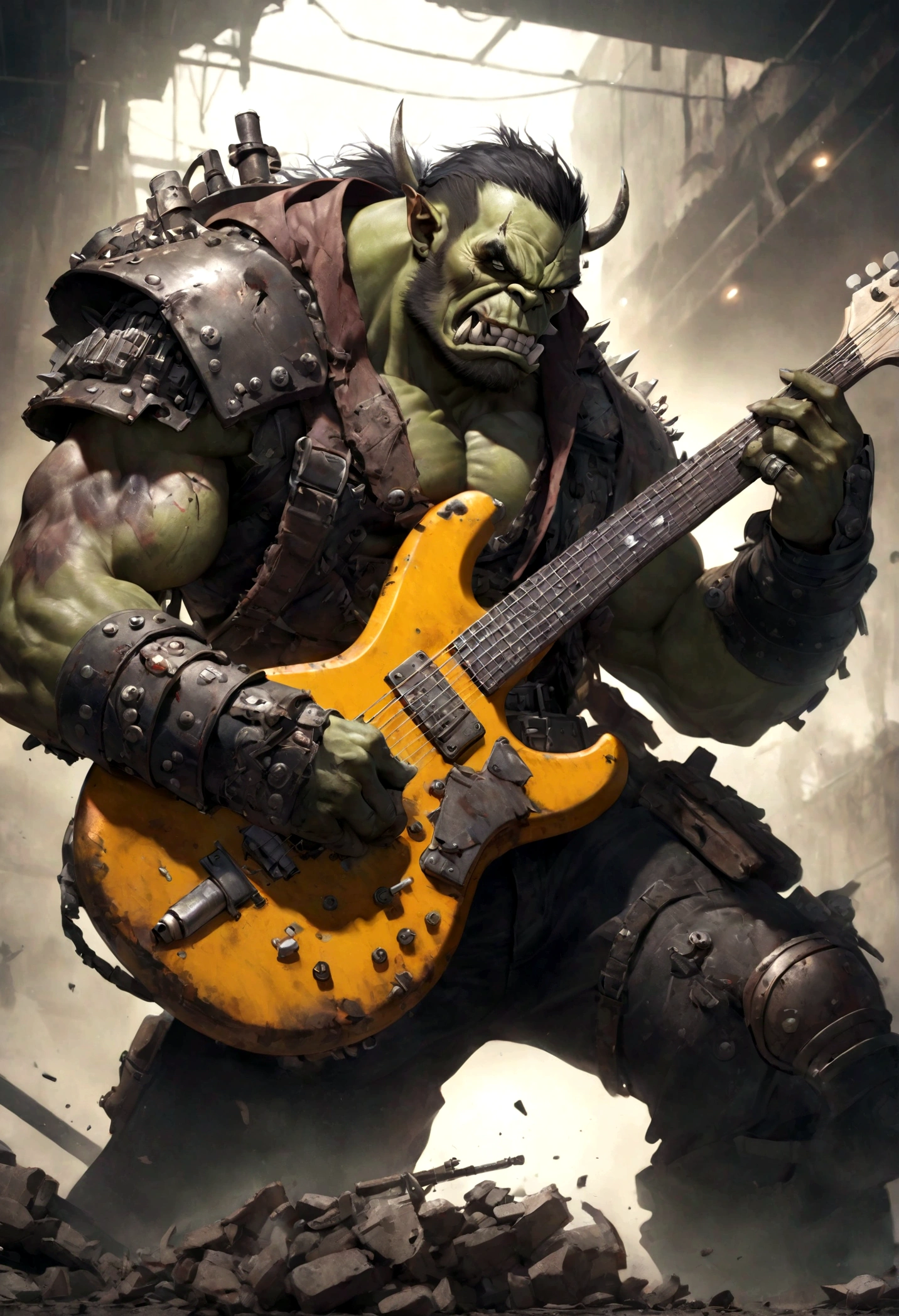 warhammer ork guitarist, muscular male figure, heavily battle scarred, wearing scrap metal and wastelander armor, extremely aggressive and forceful performance, detailed rendering, cinematic lighting, hyper realistic, digital art, muted color palette, gritty post-apocalyptic atmosphere