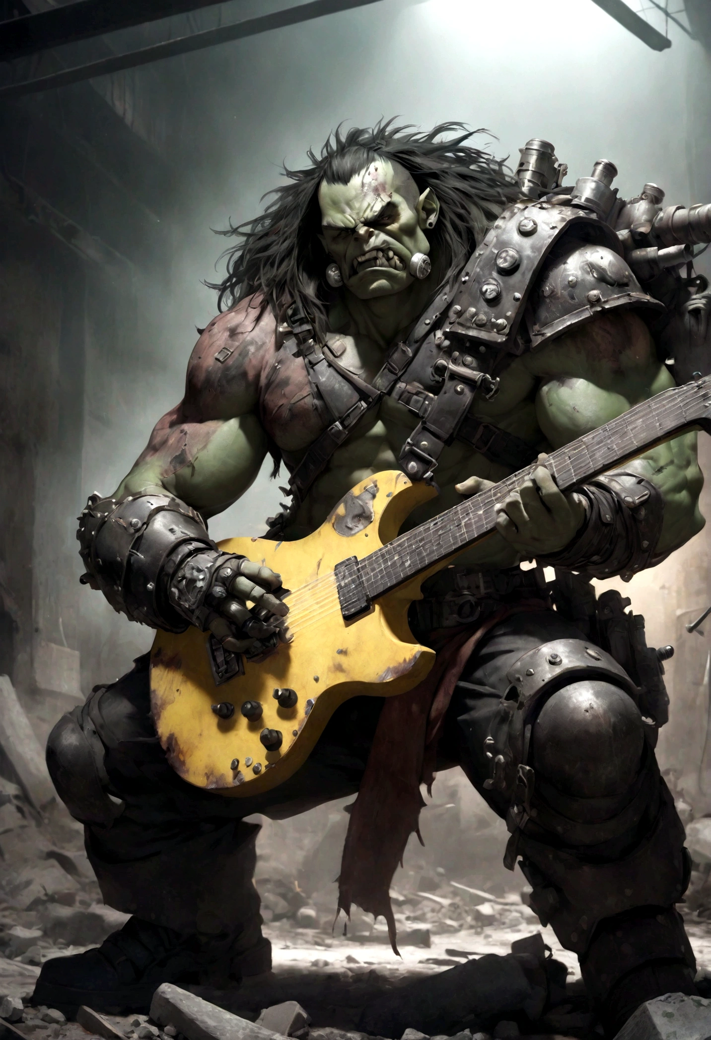 warhammer ork guitarist, muscular male figure, heavily battle scarred, wearing scrap metal and wastelander armor, extremely aggressive and forceful performance, detailed rendering, cinematic lighting, hyper realistic, digital art, muted color palette, gritty post-apocalyptic atmosphere
