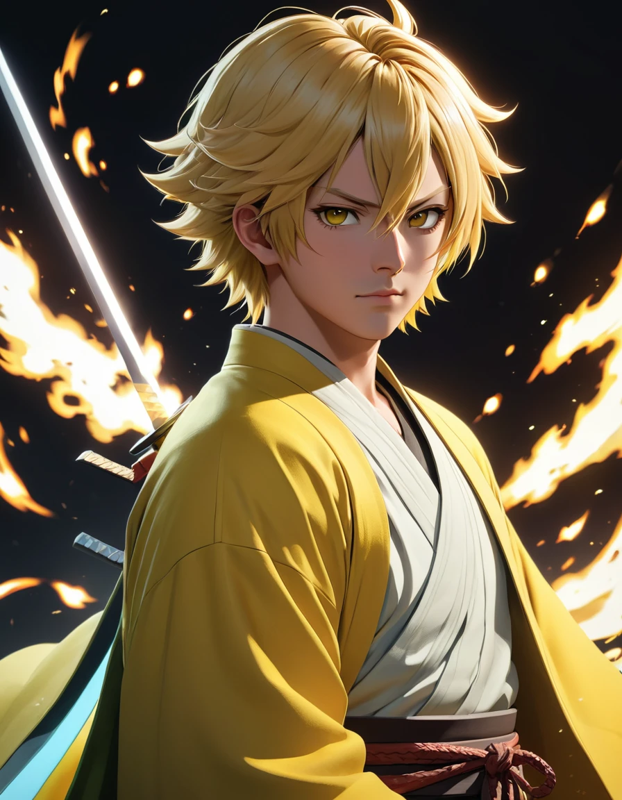 zenitsu agatsuma, blond haired man in yellow haori coat, white sword, guy in demon slayer art, 3d render, 8k, inspired by Kanō Sanraku, makoto sinkai, ufotable style, inspired by Sakai Hōitsu,