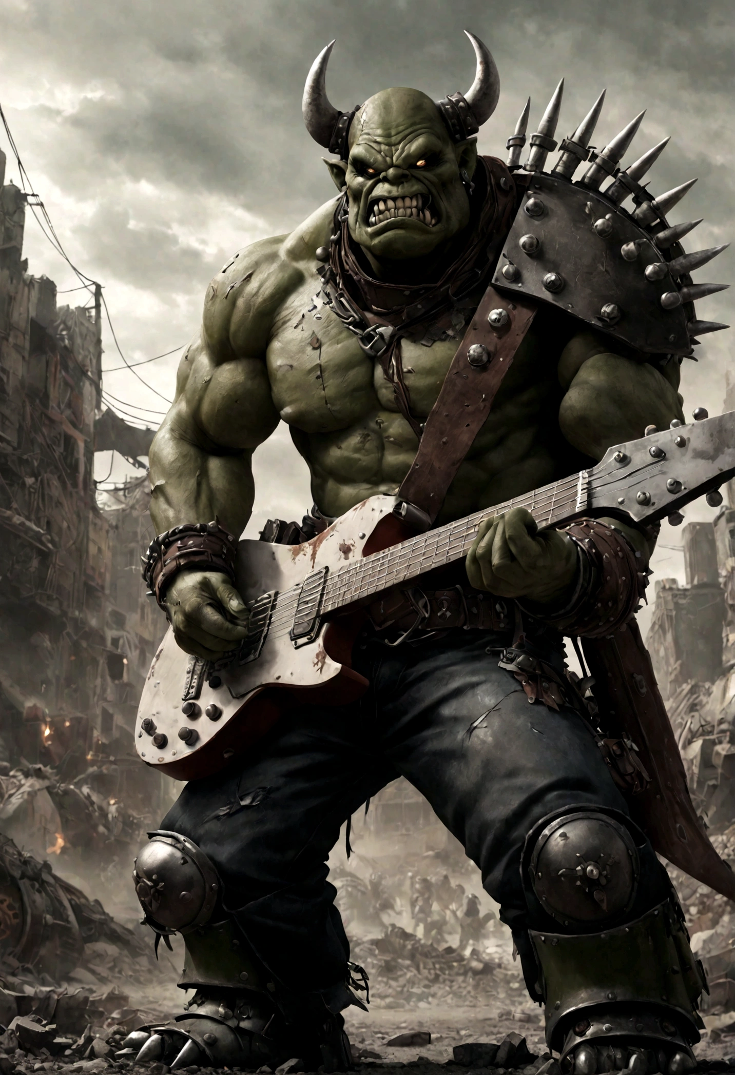 warhammer ork guitarist, muscular male figure, heavily battle scarred, wearing scrap metal and wastelander armor, extremely aggressive and forceful performance, detailed rendering, cinematic lighting, hyper realistic, digital art, muted color palette, gritty post-apocalyptic atmosphere