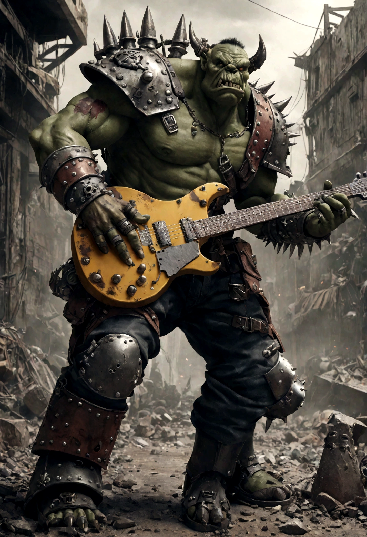 warhammer ork guitarist, muscular male figure, heavily battle scarred, wearing scrap metal and wastelander armor, extremely aggressive and forceful performance, detailed rendering, cinematic lighting, hyper realistic, digital art, muted color palette, gritty post-apocalyptic atmosphere
