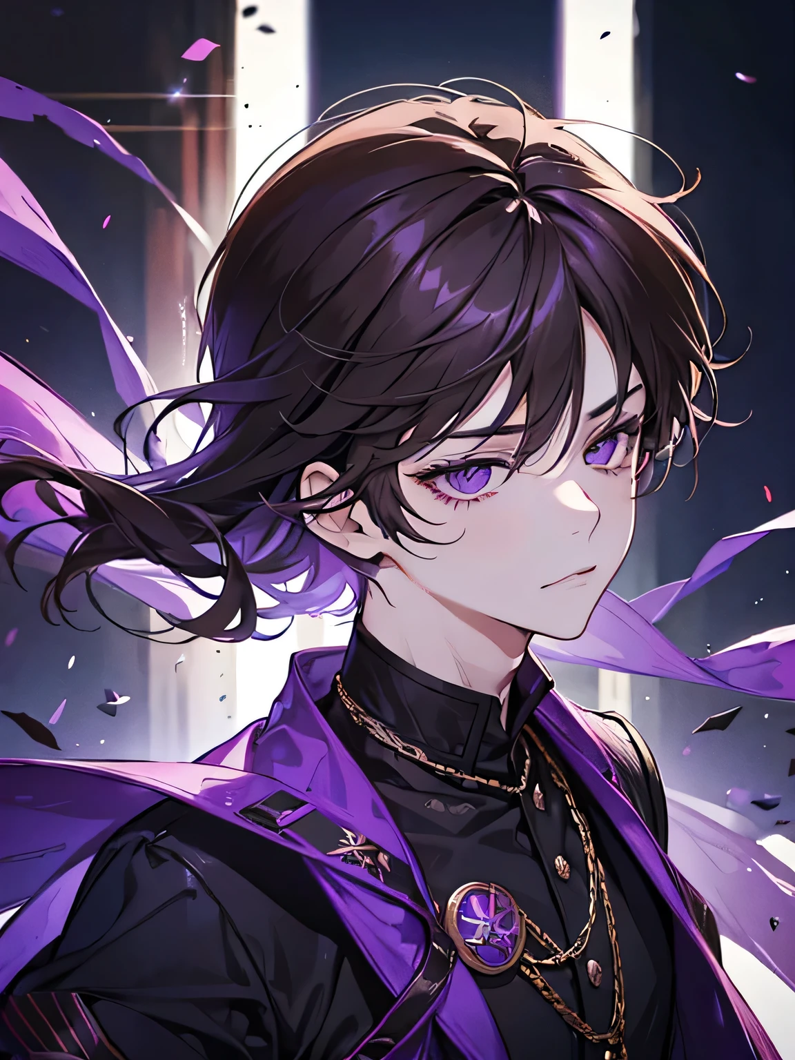 little boy, purple eyes, wavy brown hair, noble. sadistic mafia. like a prince. sadistic prince. smirk. haughty. short hair, young master.