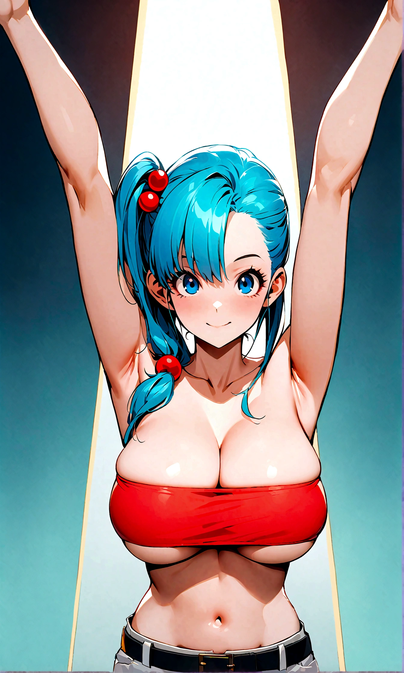  score_9, score_8_up, score_7_up, BREAK from front, ,macro shot,1girl,bulma, blue eyes, blue hair,bare shoulders, belt, cleavage, hair bobbles, hair ornament, hair over shoulder, (big breast),midriff, navel, one side up, red tube top, shorts, side ponytail, (strapless, tube top,under_boob:1.2),(arms up,arms uo behind,contrapost,standing),
