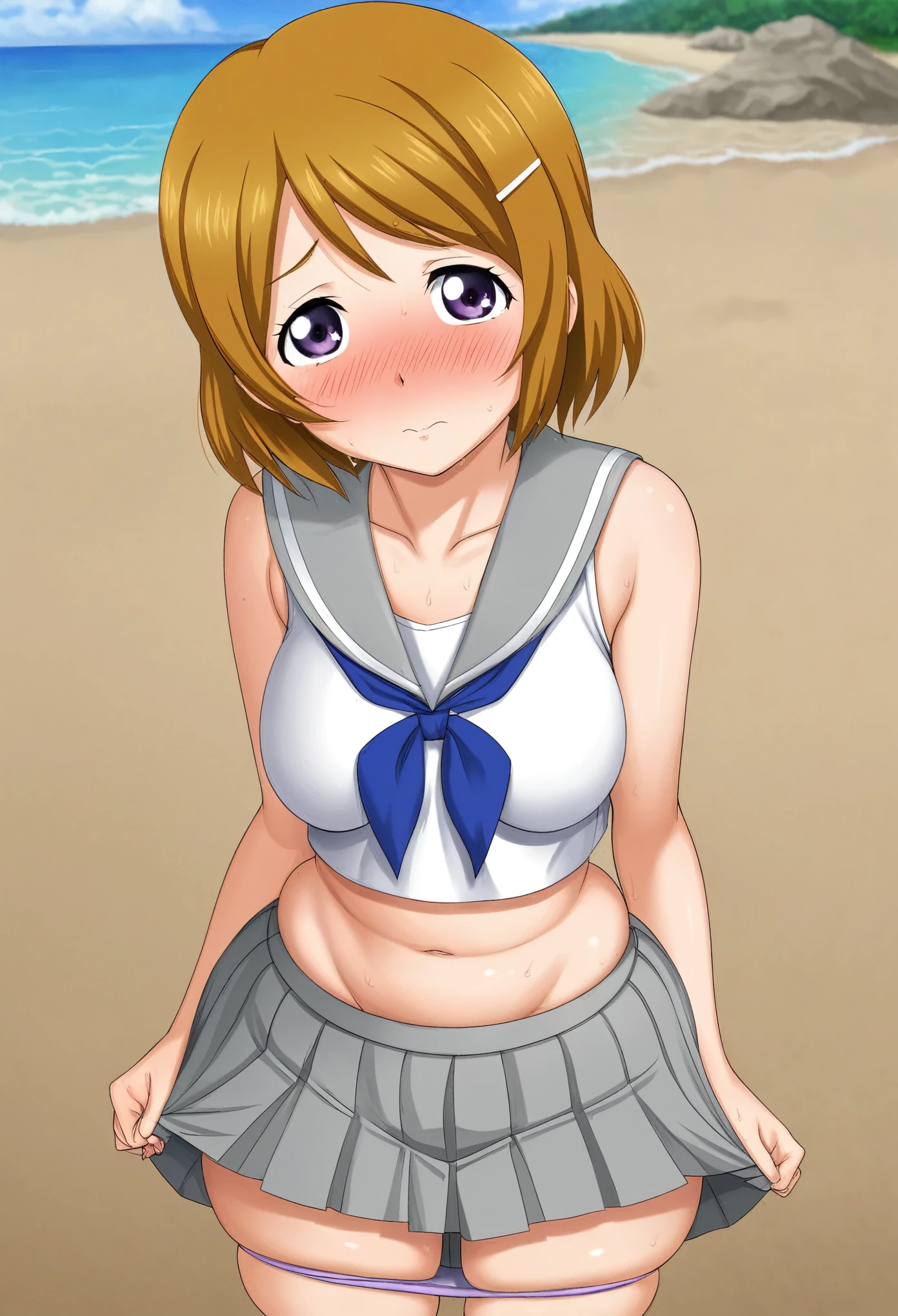 Masterpiece, best quality, hentai style ,solo, Hanayo Koizumi, purple eyes,blush, skirt, sleeveless, pleated skirt, serafuku, grey skirt, tight white top, uranohoshi ,beach, thighs, (skindentation:1.3) , shy ,shy pose, sexually_suggestive,midriff , wide hips ,(skirt pulled down:0.9) , moist skin,Sagging body, melting from heat 