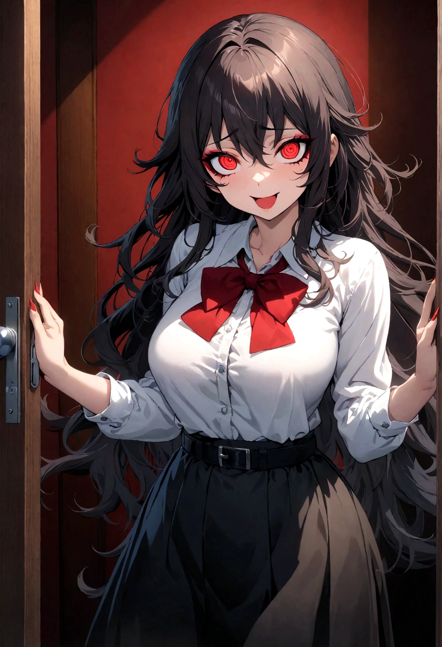 masterpiece, best quality, official art, extremely detailed CG unity 8k wallpaper, highly detailed, absurdres, Picturesque scenery of the inside of a dark room, Posing by the door to the bedroom, exquisite facial features, Glowing red eyes, Yandere crazy eyes, Perfect fingers, perfect face, (sharp eyeliner, eyeshadow, detailed eyes:1.1), (Long waist length Black messy hair), Small breasts, Perfect skin, shiny skin, female, solo, Wide laugh, White School top, Red bow, Black belt, Black skirt