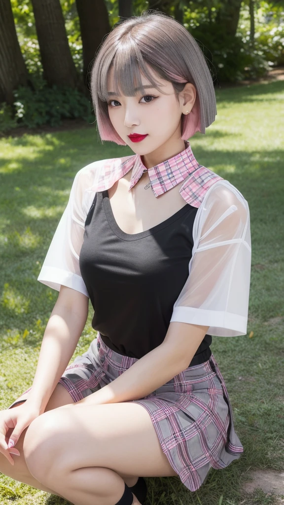 (8k, Photorealistic, Raw photo, Highest quality: 1.4),Japanese idol-style beautiful girl,1 person,18-year-old,Hairstyle(Short Bob,Black :1.6),She has her hair tucked behind her ears,She has small piercings in her ears.,(pupil(big,Transparent grey :1.5)),Long eyelashes,Plump Cheeks,(lips(lipstick(Pink :1.3)Painting,lipstickの上からグロスを塗り艶やかでふっくらとしている)),Smiling,Blackのチョーカーを着けている,Thin and delicate shoulders,(Manicure(Black :1.5)on the nails of both hands),Thin waist,(barefoot),(Manicure(Black)on the nails of both feet.),(Dress shirt(Short sleeve,White :1.7,Plain :1.7)Wearing it unbuttoned on bare skin),I can see her cleavage,(Pleated skirt(Plaid,Black :1.7)Wear),(On the grass under the tree in the park),(Sit in a hu sit :1.7),(Place your hands on your crotch),She is surrounded by the gentle sunlight filtering through the trees.,Angle from the front,whole body ports