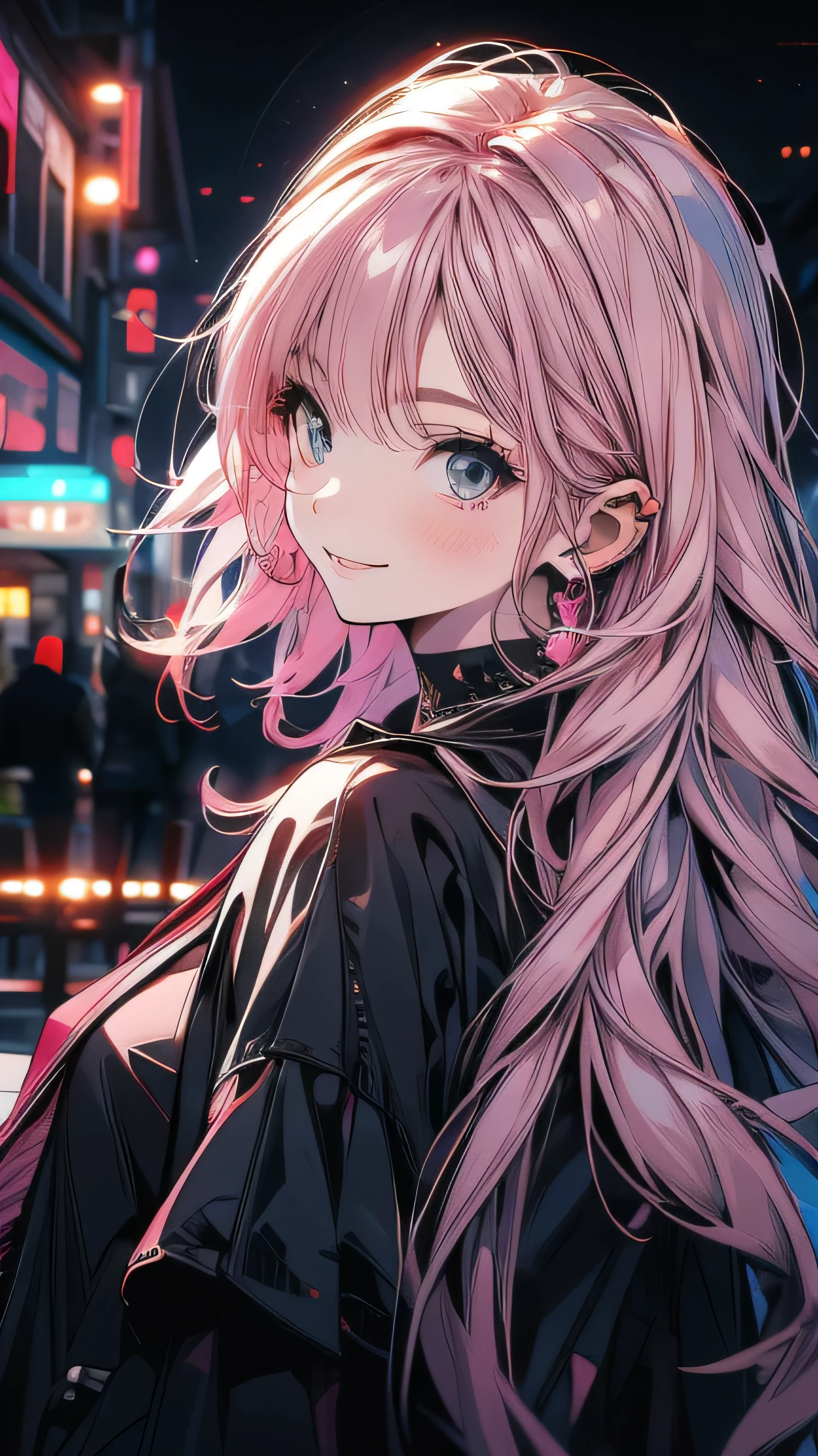 Pink Hair,Black clothes,City Background,Smiling expression,Double Tail