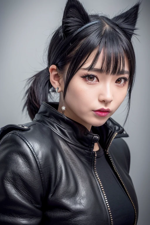 Cute Japanese , Low Ponytail, ((Cat ear)), Heavy Metal, leather jacket, mini skirt, short hair, Black eyeshadow, Black lip, Earrings, whole body, (((whole body強調))), (highest quality,4K,8k,High resolution,masterpiece:1.2),Super detailed,(Realistic,photoRealistic,photo-Realistic:1.37),Vibrant colors,Dramatic lighting,Cinematic