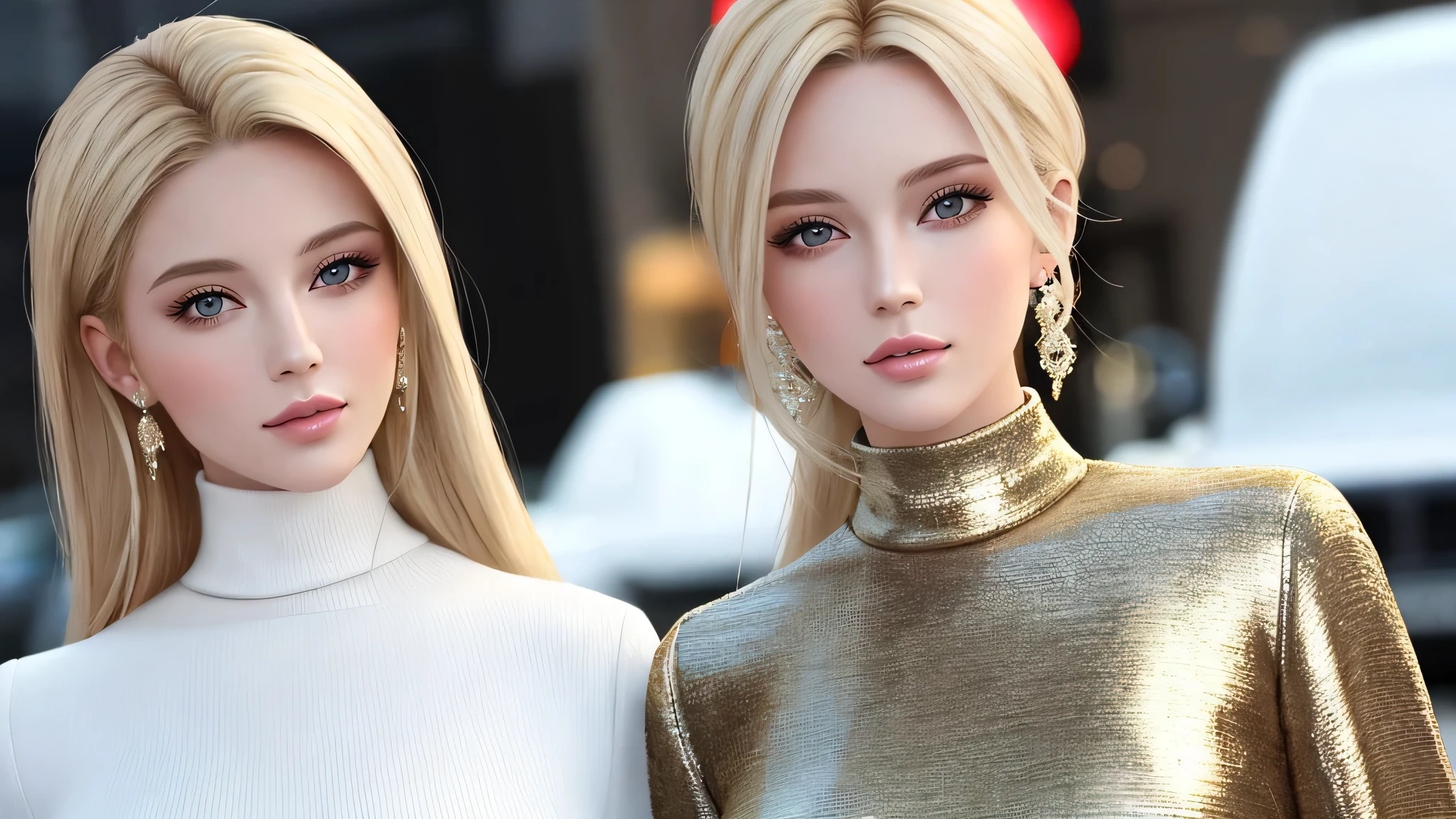 European and American women, Fashion Model, Wearing turtleneck tops, Glamour, Paparazzi take pictures of her, Blonde Hair, Brown eyes, 8k, high quality, masterpiece, 最high quality,Kilo, Very detailed, Volumetric lighting, Realistic