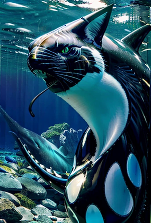 realistic hybrid animal，cat head connected with ora whale torco，oceanic setting