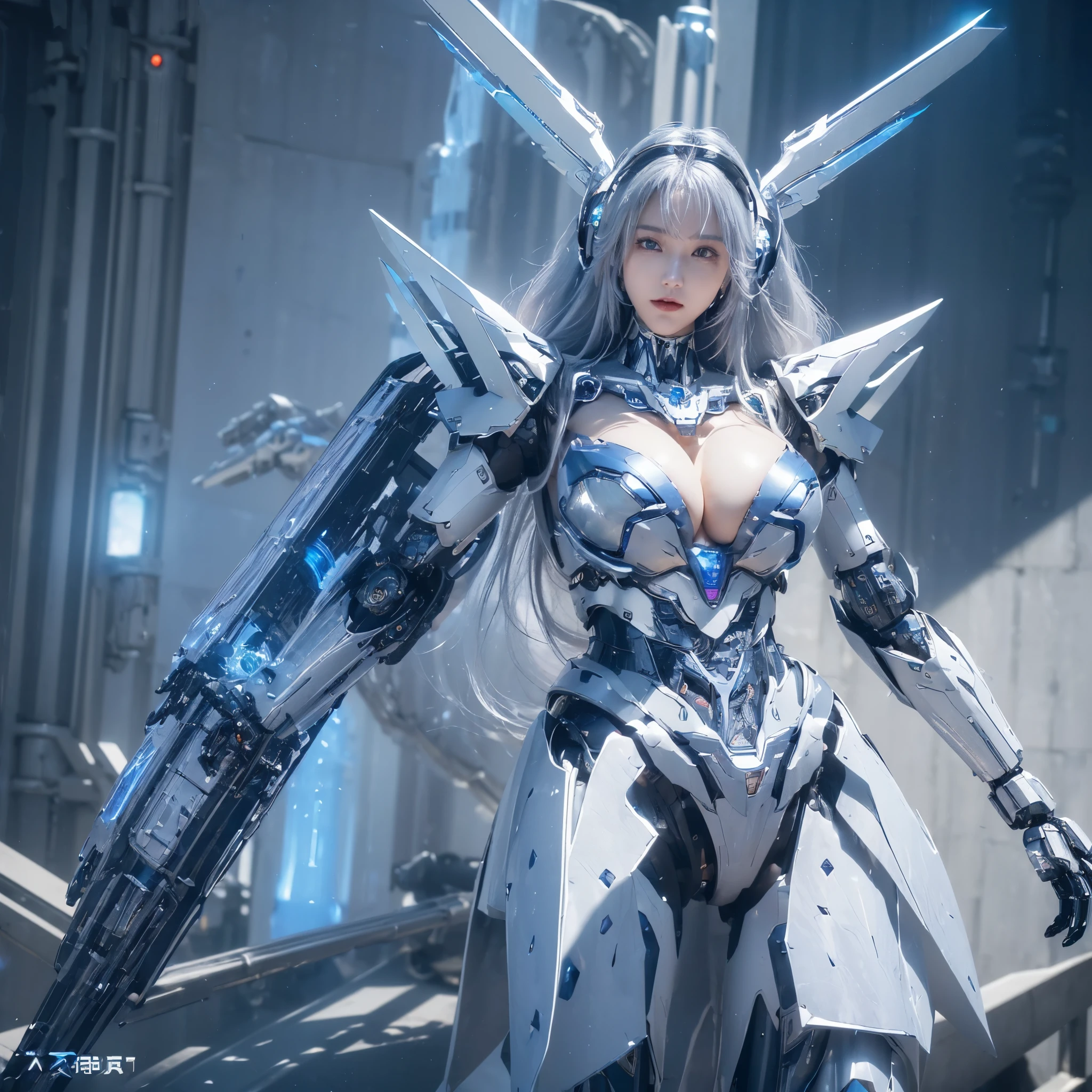 ((Intense action pose:1.6))、((Shining lenses on both breasts:1.3))、((Blue pillars of light are emanating from both chests.:1.3))、smile、((8k)), ((32k)), ((highest quality)), ((masterpiece)), ((超A high resolution)), ((Tmasterpiece)), ((halo:1.4))、((Mechaニカルheadgear:1.2))、((Cyber headphones:1.3))、Fine skin, High quality fabric, Fine metal texture、((Beautiful and dense face))、RAW Photos、Professional, Ultra-fine painting, ((alone)), Beautiful breasts、highest quality, Very detailed, Very detailed詳細, Finer details, so beautiful, ((Princess Knight Robot:1.2)),  (Joints of machines, Mechanical Limbs:1.3), (The internal structure of the machine is exposed:1.3), (Long silver hair:1.1), (Beautiful and huge mechanical breasts)、White Veil, cowboy_shot, Side Focus, headgear, Shiny、(Five Fingers, Four fingers and thumb),Concept Art, Anime fantasy artwork, Detailed fantasy art, (with pale blue-violet hair and large white wings,,,,,,,), (((Long silver hair))), (Mecha:1.6)、Sleek and intimidating design, ((Commander-in-Chief&#39;arm)), (Perfect robot body)、純白と青紫armまたは, Symmetrical wings, 8K high quality, detailed art, 3D rendering of character art in 8K, neat legs, Defined, Defined fingers,