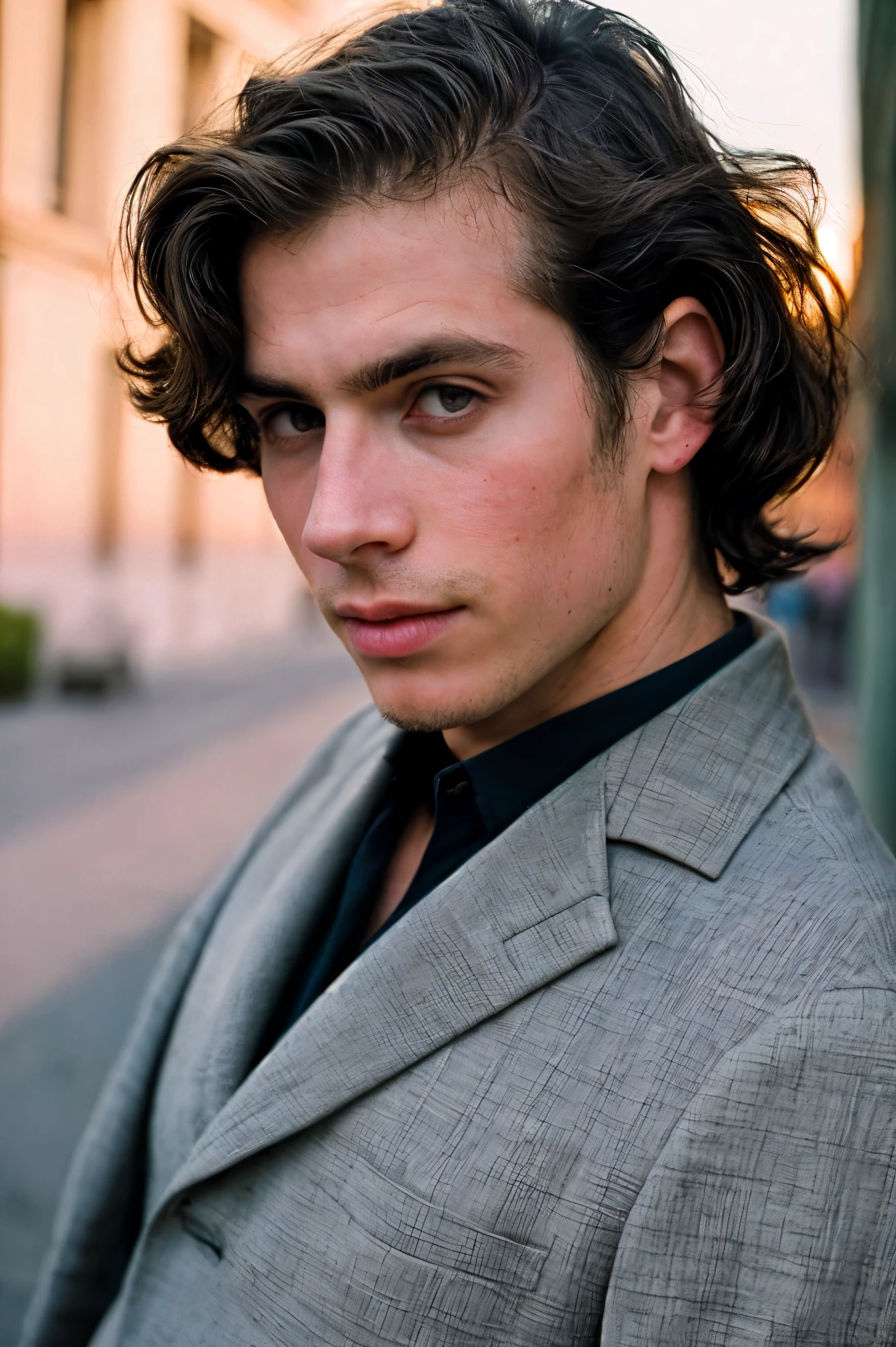 Handsome Men Portrait, shot on leica, shadowplay, gorgeous lighting, subtle pastel hues, outdoors ,1890, medium length dark hair, slight wavy