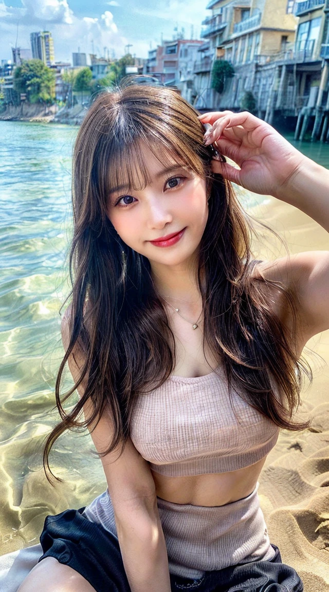 ((Photo Real:1.4, hyper realisitic:1.4, masterpiece:1.3, photorealistic:1.4, Smooth lighting:1.05, highest quality, RAW shooting, caustics, 8k, super detailed, ultra high resolution, cheerfulness:1.2, lens flare, table top, 1 girl, realistic skin texture, anatomically correct, accurate, super detail, textured skin, high quality, high details, best quality, high resolution, face focus, natural light, backlight, a bright light shines from above, finest real textured skins, professional writing)), (20 years old, cute, japanese, cleavage, (wearing piercing), (wearing necklace), (perfect necklace), (perfect piercing), (full body photo:1.5), (look at the camera with a smile), smiling with slightly showing teeth, neat and clean beauty, narrow-eyed, super fine face, ultra detailed face, detailed eyes, double eyelids, glowing skin, retinas, lip gloss, perfect bodies, perfect arms, Perfect fingers, perfect legs, perfect hair, (wearing piercing), (wearing necklace), (perfect necklace), (perfect piercing), (layer cut bronde hair, ponytail, hair flutters in wind, hair bounces)), ((play nude on the beach:1.3)), ((jumpy)), ((light pink nipples)), (itting open legs), Open your crotch, ((raise your hands high and jump)), ((Local parts are visible)), ((Thin pubic hair)), ((huge breasts and huge nipples)), depth of fields, full-shot, (Nothing is worn),(Sit down and spread your legs wide)