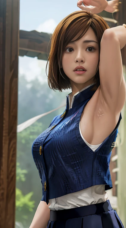 1girl, cowboy shot, beautiful NobaraJK, school_uniform, bangs, jacket,, volumetric lighting, best quality, masterpiece, intricate details, tonemapping, sharp focus, hyper detailed, trending on Artstation, realistic, japanese, sleeveless, armpits visible