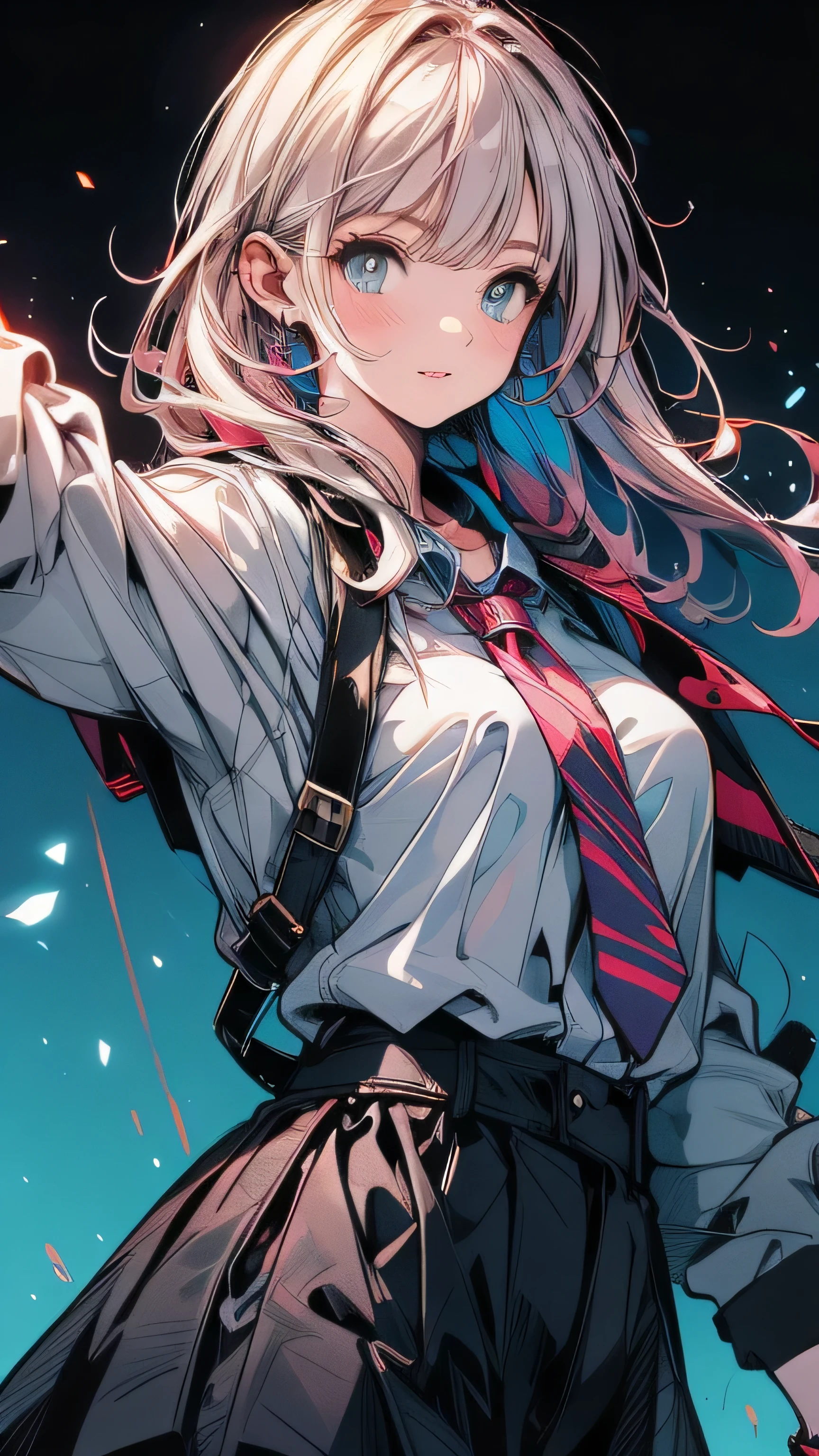 Pink Hair，Black clothes，City Background，Smiling expression，Double Tail