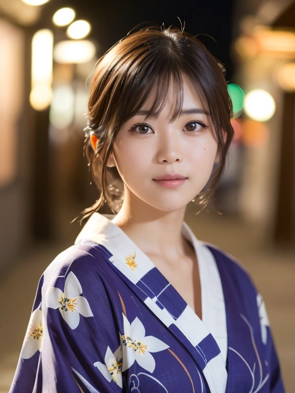 (Tabletop, highest quality:1.4), Beautiful Face, 8k, 85mm, Absurd, (Floral Yukata:1.2), Face close-up, Violet, Gardenias, Delicate girl, alone, night, View Viewer, Upper Body, Film Grain, chromatic aberration, Sharp focus, Face Light, Professional Lighting, Sophisticated, (smile:0.4), (Simple Background, Bokeh Background:1.2), Detailed aspect