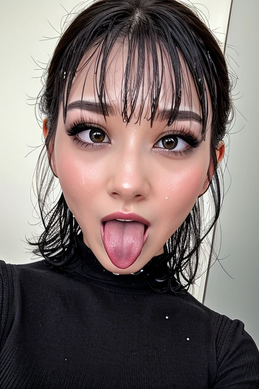 Tabletop、、Awards - Winning Photos、Very detailed、Face close-up、Keep your eyes focused、Nose and mouth、Face Focus、Woman with open mouth and closed eyes、Face Focusの接写,Off-the-shoulder knit、Age 35、Black Hair、Symmetrical face、Realistic nostrils、Angle from below、Elongated C-shaped nostrils、、、Sweaty skin、汗でShiny skinを強調する、((Sharp Nose))Skin shiny with sweat、Shiny skin、Big eyes、double eyelid、(My tongue is wet and shiny) ((Wet tongue)) ((Berokisu))10cm to camera lens、((Gray background,Semi-backlit,))((Wet Filter))