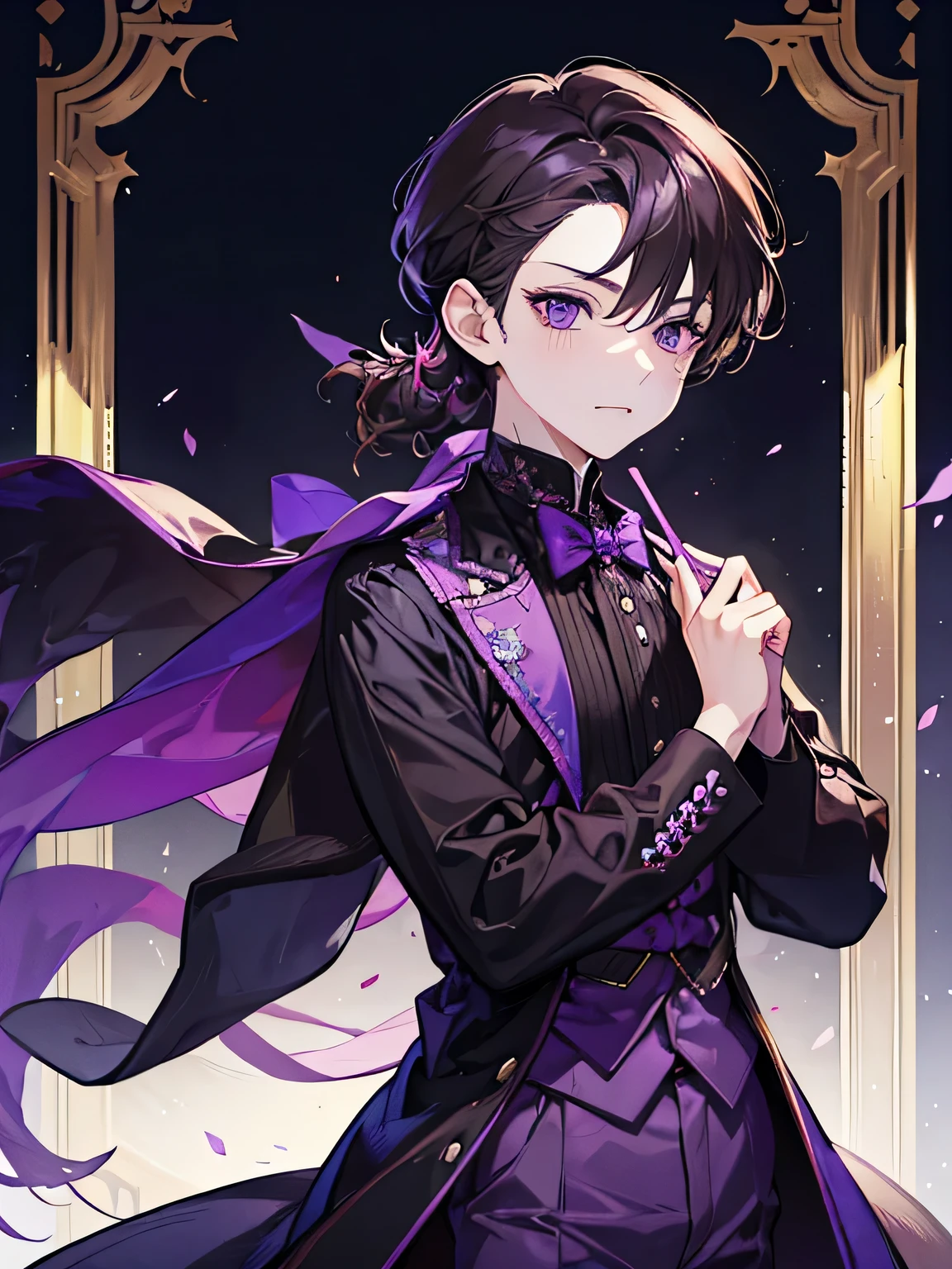 little boy, purple eyes, wavy brown hair, noble. sadistic mafia. like a prince. sadistic prince. smirk. haughty. short hair