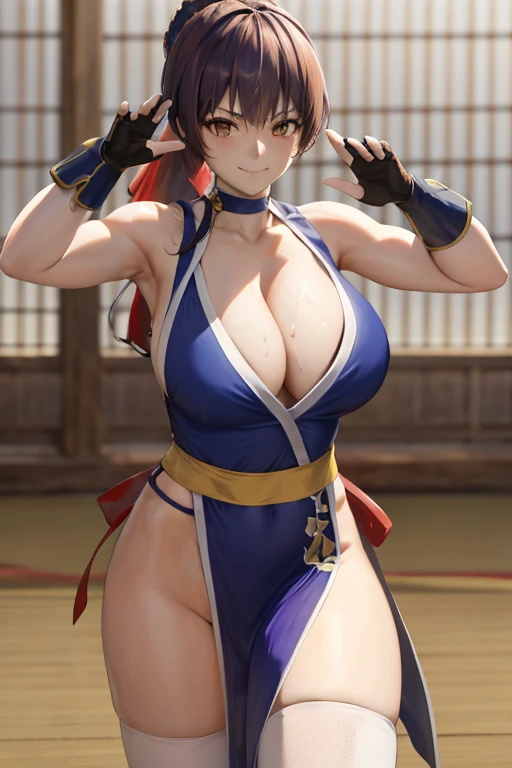 masterpiece, best quality, beautiful art, high resolution, well formed hands, body and fingers, 1 woman, solo, Xiangling, adult, grown up, adult, big breasted, cleavage, full body, long hair, hair ornament, gorgeous legs and thighs, blue_kunoichi_dress, wearing DOA Kasumi's blue kunoichi dress, white stockings, sleeveless, she is fighting in a combat match at a martial arts tournament, she is getting ready to fight, making her guard pose, action and fighting scene, about to hit the viewer, looking at the viewer, sweating , feeling confident and proud, smiling joyfully and happily,  charming her opponent with her beauty, fighting scene, martial arts tournament on the beach 