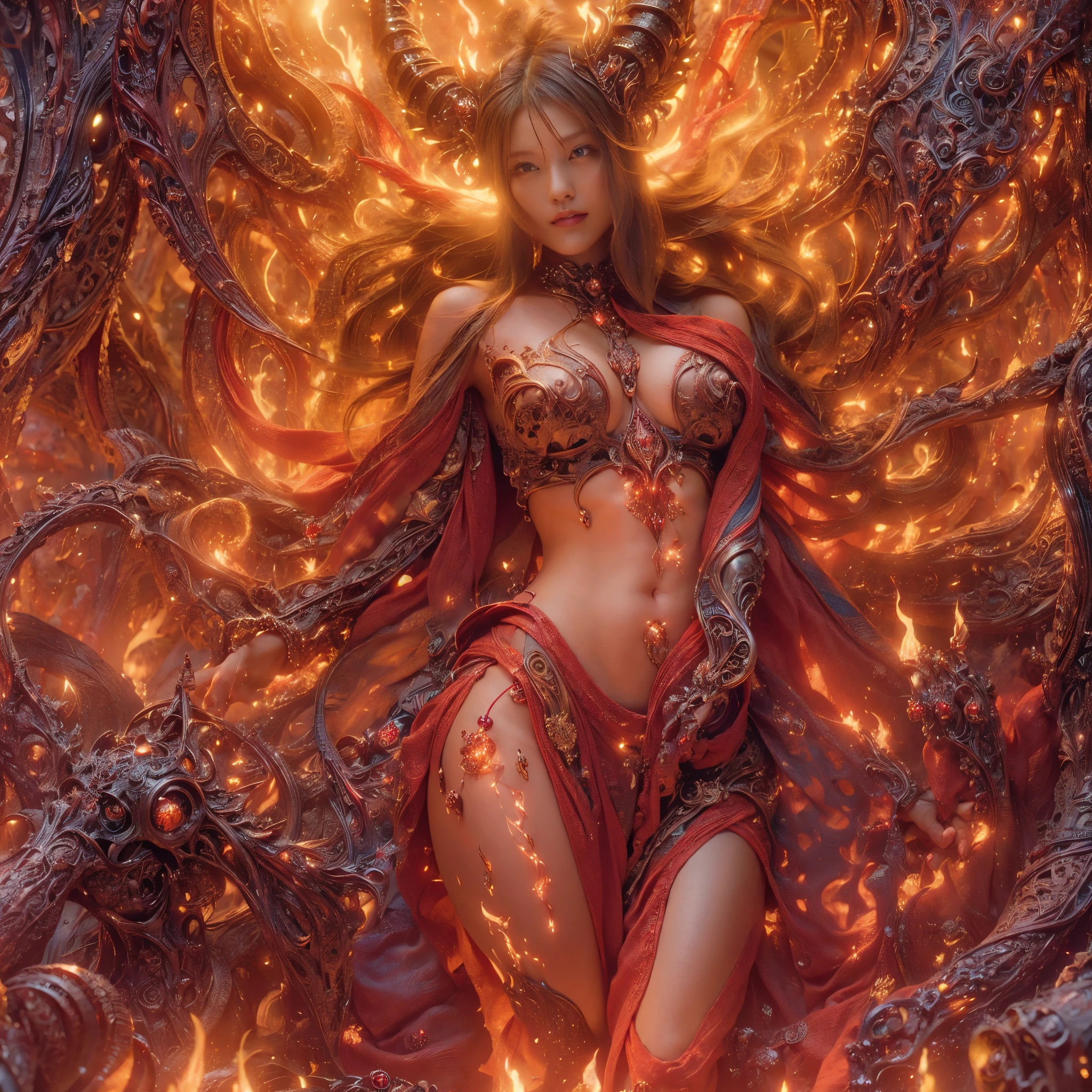 (best quality,4k,8k,highres,masterpiece:1.2), ultra-detailed, realistic, naked sexy dragon woman with red and white glittering scales, long fiery red hair with white highlights, very playful but mischievous smile, naked, nude, detailed crotch, detailed vulva, sexy pose, spread legs, playful, bi-coloured eyes, heterochromia, lustful