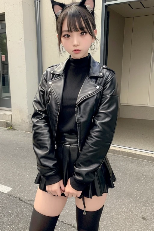 Cute Japan junior high school student, Low Ponytail, ((Cat ear)), Heavy Metal, leather jacket, mini skirt, short hair, Black eyeshadow, Black lip, Earrings, whole body, (((whole body強調))), 