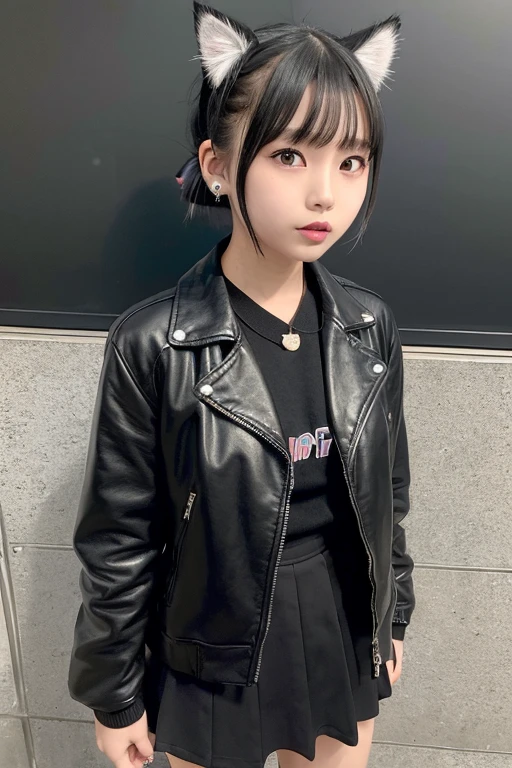 Cute Japan junior high school student, Low Ponytail, ((Cat ear)), Heavy Metal, leather jacket, mini skirt, short hair, Black eyeshadow, Black lip, Earrings, whole body, (((whole body強調))),