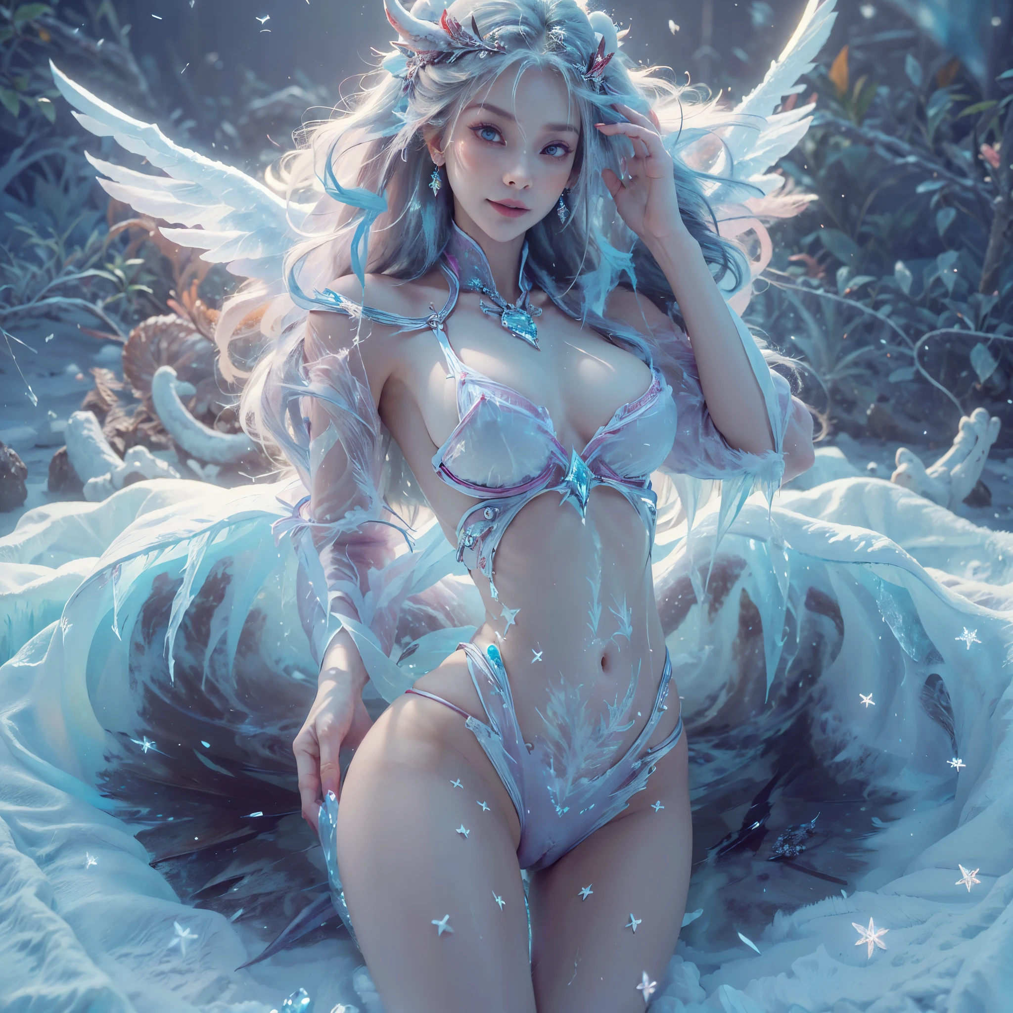 anyageraldine, anya_geraldine, (((8k RAW photo, hyper realistic, masterpiece, best quality, crisp detail, high definition, high detail, very rich detail, sharp focus, sharp detail, colorful, rich color, cinematic, perfect studio lightning, full body photograph, mystic atmosphere, shot from front))), ((fully naked, young colorful giant frost goddess, fully nude, smooth body, ideal body, naughty smile)), (big breast, ((ice age in tokyo, frozen humans, catastrophic blizzard)), (showing (pussy, vagina, genital, nipples))), ((white long hair)), ((wide ice wings, tail)), ((very long sharp claws)), (hundreds of ( skull, bone) on land), ((ice energy)),