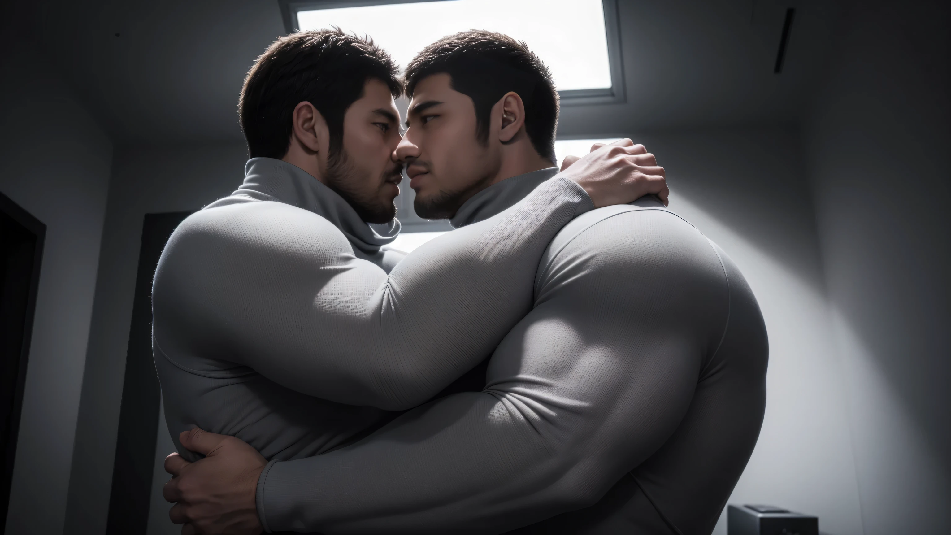 Super muscular man hugging, kissing and caressing, Open mouth and scream,Look at each other affectionately,They hugged each other affectionately,Buzz Cut,In a luxurious and noble mansion, Wear a long-sleeved light grey turtleneck tights, Thickened warm elastic texture,Clothes are very dirty with mud stains,The expression is arrogant, Thick thighs, Messy hair, Thick thighs, High collar long sleeve light grey turtleneck tights, very tight, Regular symmetrical pattern, Highlight muscles, Police uniform pants, character concept(Resident Evil - Chris Redfield, Chris Redfield)A proud expression, Deep and charming eyes, Heroic male pose, tall Burly, muscular!muscular thighs, tough guy, perfect facial features, High, Burly, Heqiang, Super polished and cool, High Resolution Committee, Charismatic, The sun shines through the customers