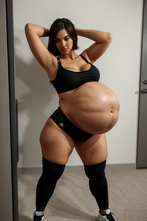 German emo brunette girl, wearing black crop top sport bra and black thong, pregnant belly