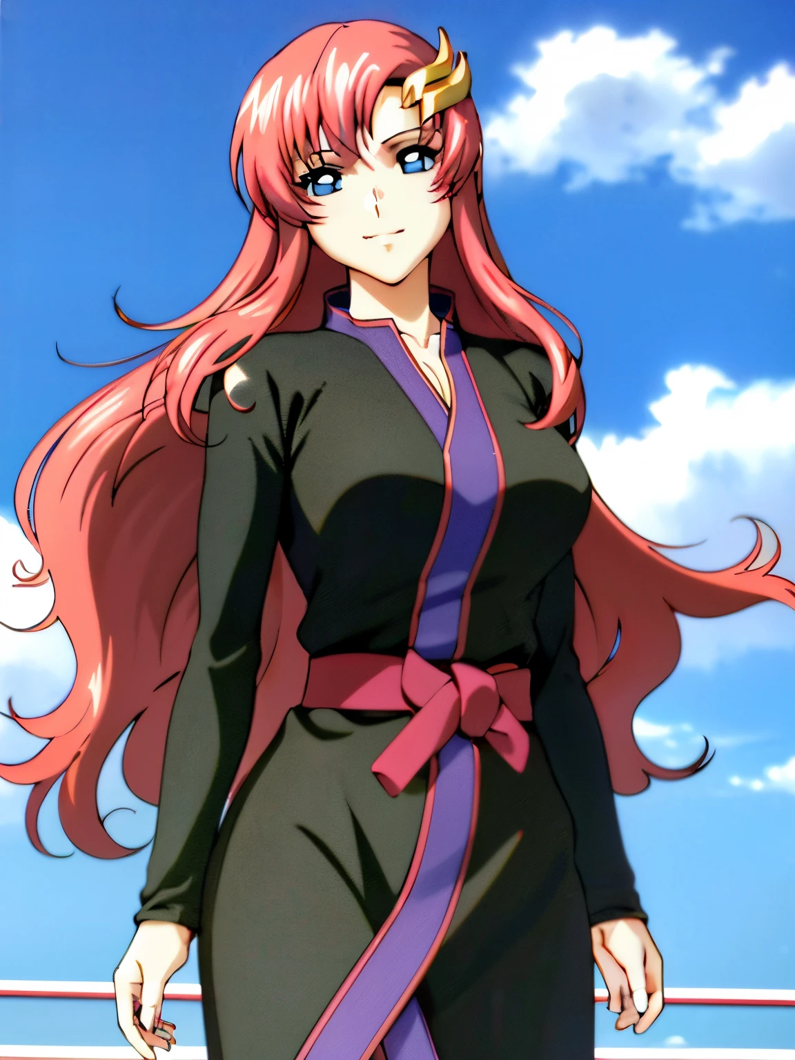 lacus4, (thin girl, masterpiece, cowboy shot, 4K, Best Quality, Anime style: 1.9, happy, tall woman, Adult Woman, (Crowd, cloud background), Drawing lines, high resolution, lacus4), 1girl, Solo, curvy figure, clavicle, scapular, (slim arms), large hands, (Detailed wide hair bangs, Hair Ornament, Detailed reddish-pink hair, shiny streaks, slim arms, detailed golden crest, long hair). (Big blue eyes, shiny eyes), ((female wrestler, (slim body), slim arms, closed fists)), ((perfect proportions)), ((black long abaya, black long abaya)), smile with a wink, (standing, hot colors), detailed fingers, 