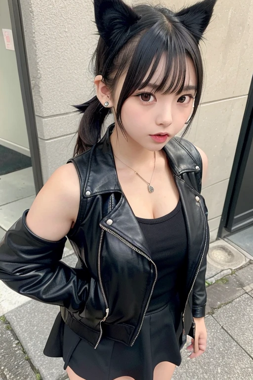 Cute Japan , Low Ponytail, ((Cat ear)), Heavy Metal, leather jacket, open chest shirt, Cleavage, Ultra mini skirt, short hair, Black eyeshadow, Black lip, Earrings, whole body, (((whole body強調))), sexy
