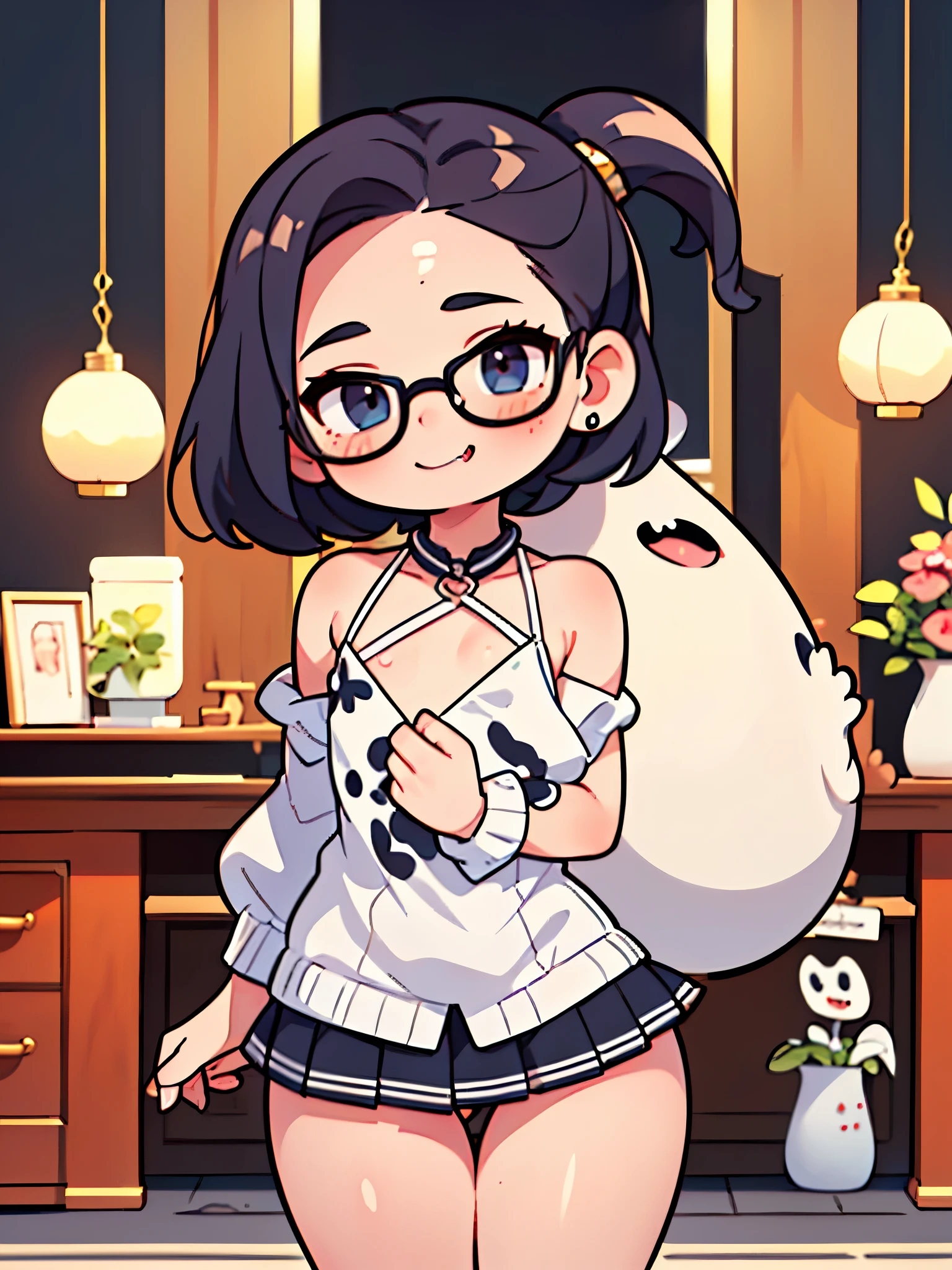 (((best quality))), (((ultra-detailed))) (((detailed))), (tiny body), ((((big chest)))), ((huge buttocks)), indoor scene, ((cinematic angle)), (casual outfit), looking at camera, (cute pose), sexy, (((cheeky girl))), cowboy shot, (((((droopy eyes))))), blush, ((perspired)), glasses, ((fang)), (curvy), (((16 years old))), (((((loli))))), ((seductive smile)), (((((perfect anatomy))))), bitch, ((very short pleated miniskirt)), (((((one girl))))), (((thick legs))), (((She is very tiny))), (caustics), (((five heads tall))), ((Five Fingers)),