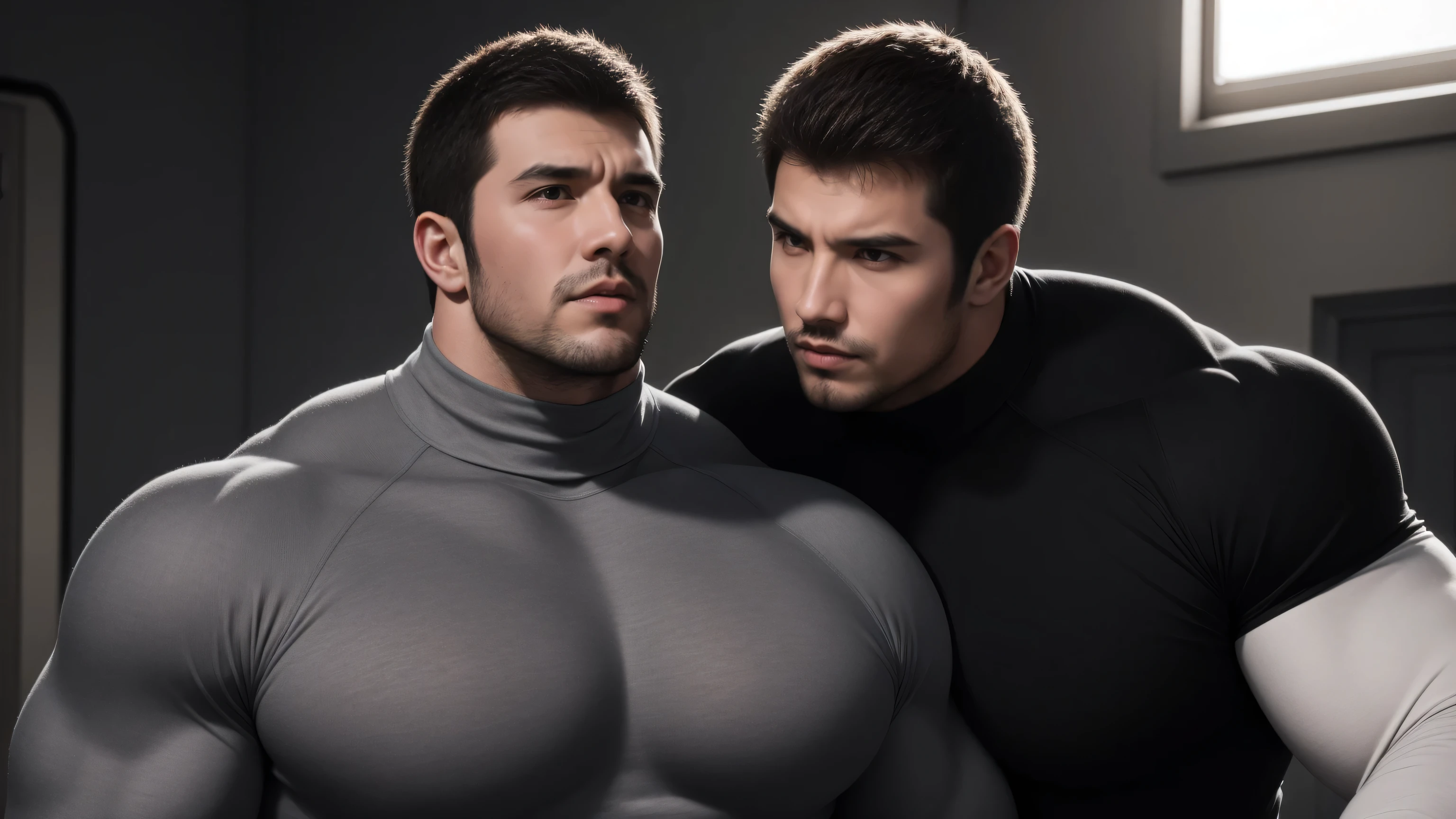 Super muscular man hugging, kissing and caressing, Open mouth and scream,Look at each other affectionately,They hugged each other affectionately,Buzz Cut,In a luxurious and noble mansion, Wear a long-sleeved light grey turtleneck tights, Thickened warm elastic texture,Clothes are very dirty with mud stains,The expression is arrogant, Thick thighs, Messy hair, Thick thighs, High collar long sleeve light grey turtleneck tights, very tight, Regular symmetrical pattern, Highlight muscles, Police uniform pants, character concept(Resident Evil - Chris Redfield, Chris Redfield)A proud expression, Deep and charming eyes, Heroic male pose, tall Burly, muscular!muscular thighs, tough guy, perfect facial features, High, Burly, Heqiang, Super polished and cool, High Resolution Committee, Charismatic, The sun shines through the customers
