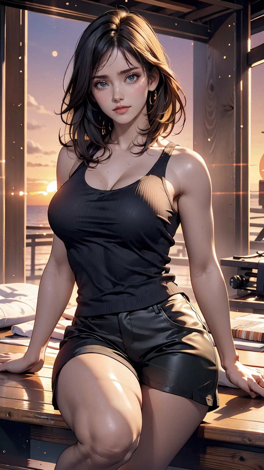 a masterpiece of、Top image quality、1人の女性、Beautiful woman sitting on the stairs、legs slightly open、Detailed facial expressions、Detailed eye、Detailed nose、Detailed lips、hugetits、Female proportions considered everywhere、Skyscraper District、Sunset between buildings、Large circular earrings、Emphasis on beautiful legs、From Side