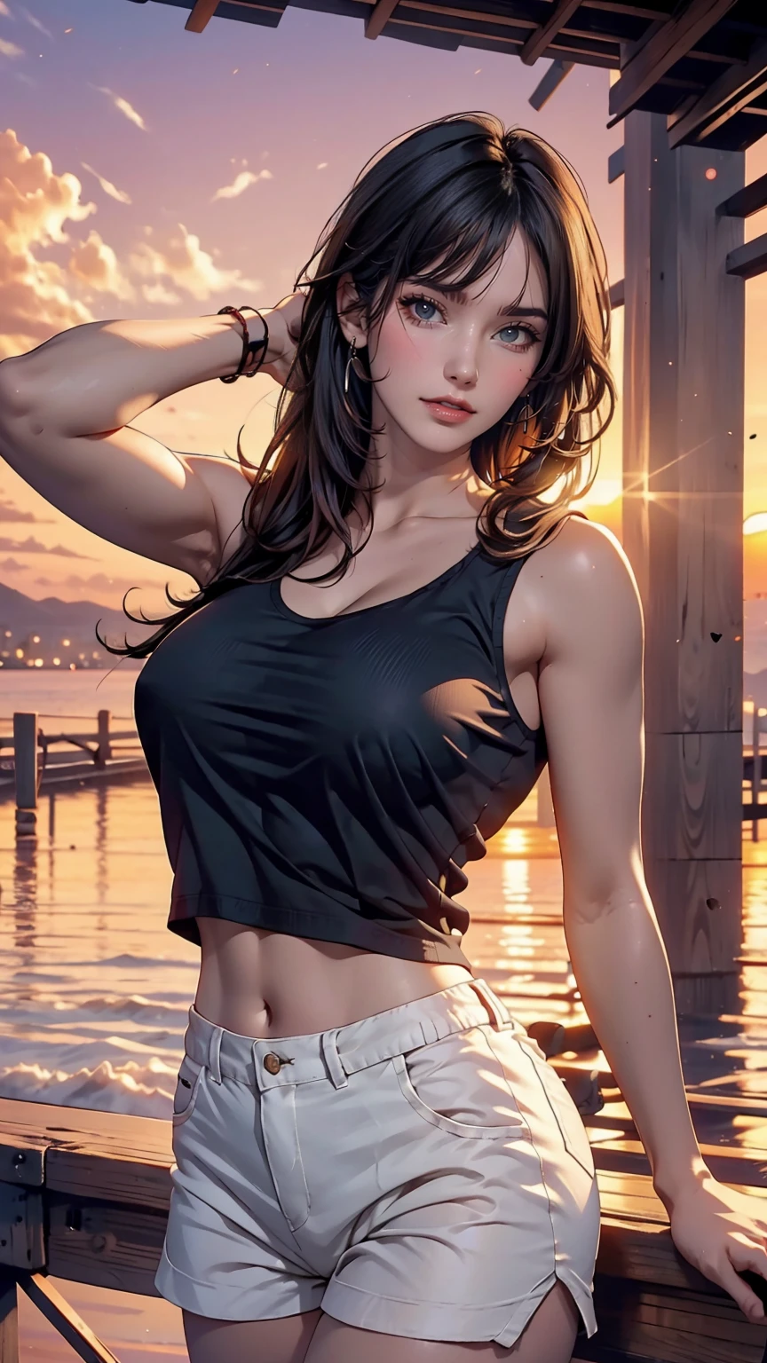 One mature woman, smile, Focus on your audience, Beautiful lighting, highest quality, masterpiece, Ultra-high resolution, Realistic, Black Hair, Short tank top, Shorts, Long Stockings, Medium chest, White skin,( Sunset background:1.4)、Sexy proportions