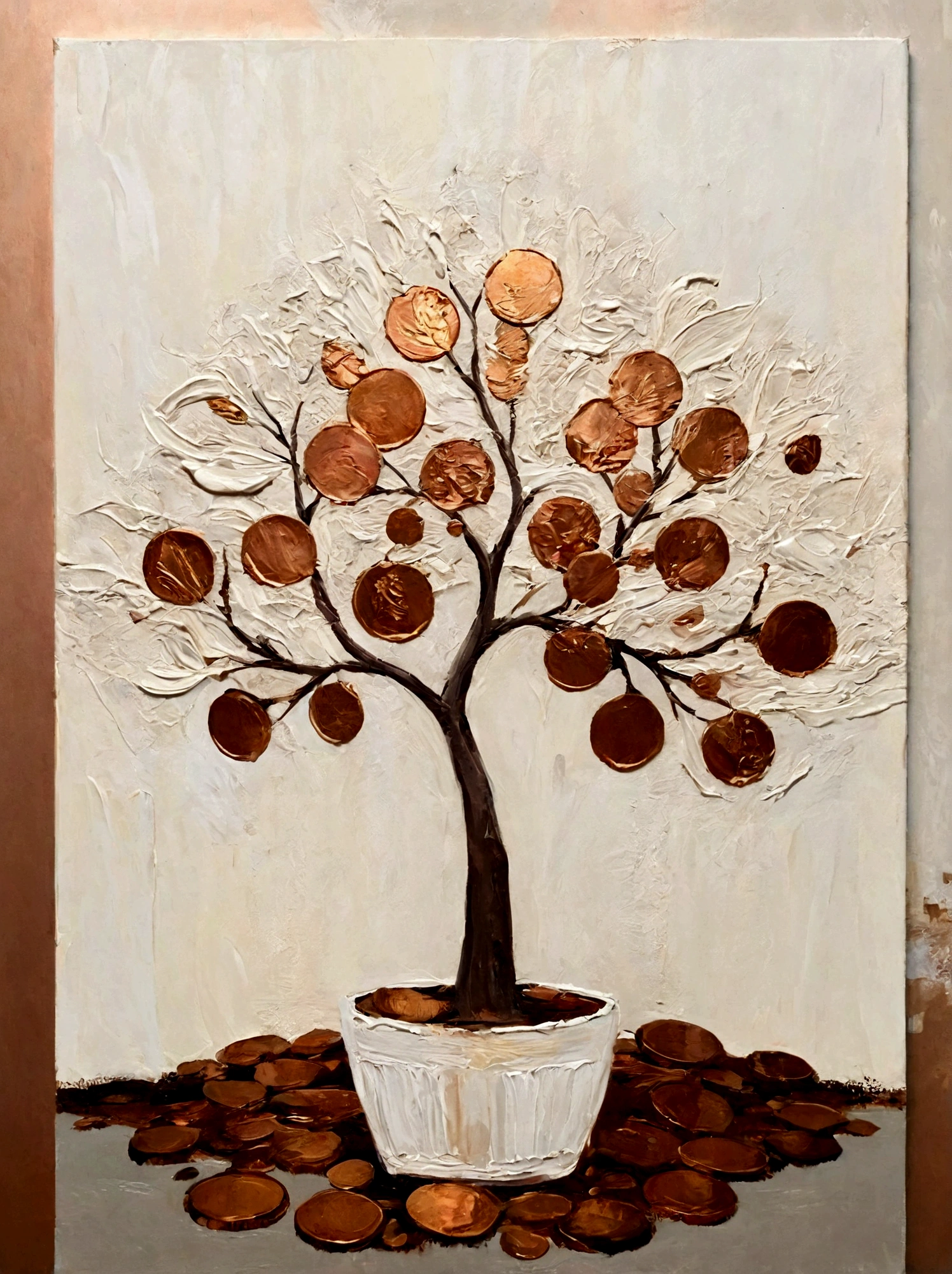 Gilded,Copper Coins,money tree,vanilla,cream,Thick textured paint, whiskey,Abstract Art,emotion,emotion