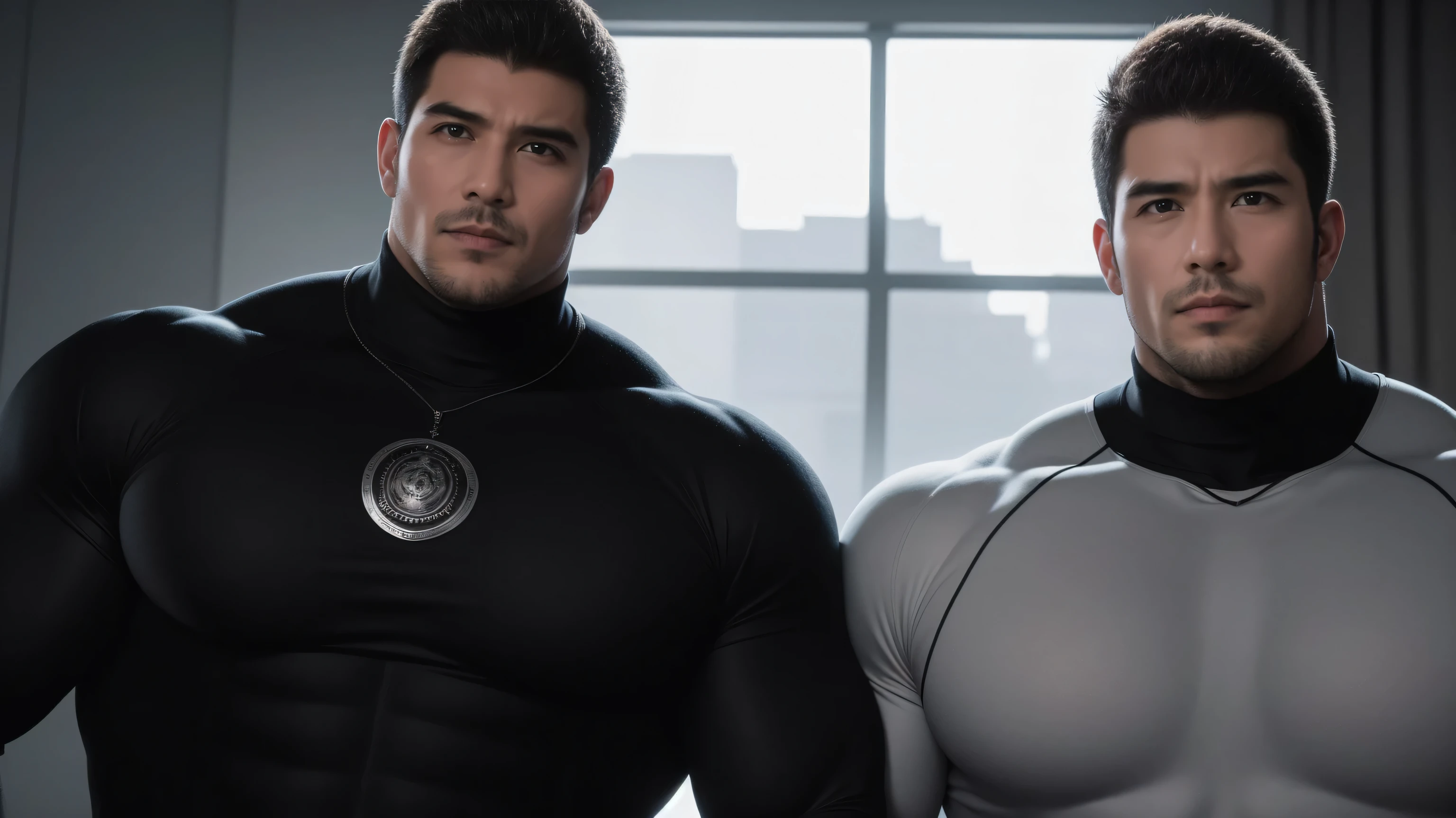 Super muscular man hugging, kissing and caressing,  Open mouth and scream，Look at each other affectionately，They hugged each other affectionately，Buzz Cut，In a luxurious and noble mansion, Wear a long-sleeved light grey turtleneck tights, Thickened warm elastic texture，Clothes are very dirty with mud stains，The expression is arrogant, Thick thighs, Messy hair, Thick thighs, High collar long sleeve light grey turtleneck tights, very tight, Regular symmetrical pattern, Highlight muscles, Police uniform pants, character concept（Resident Evil - Chris Redfield, Chris Redfield）A proud expression, Deep and charming eyes, Heroic male pose, tall Burly, muscular！muscular thighs, tough guy, perfect facial features, High, Burly, Heqiang, Super polished and cool, High Resolution Committee, Charismatic, The sun shines through the customers