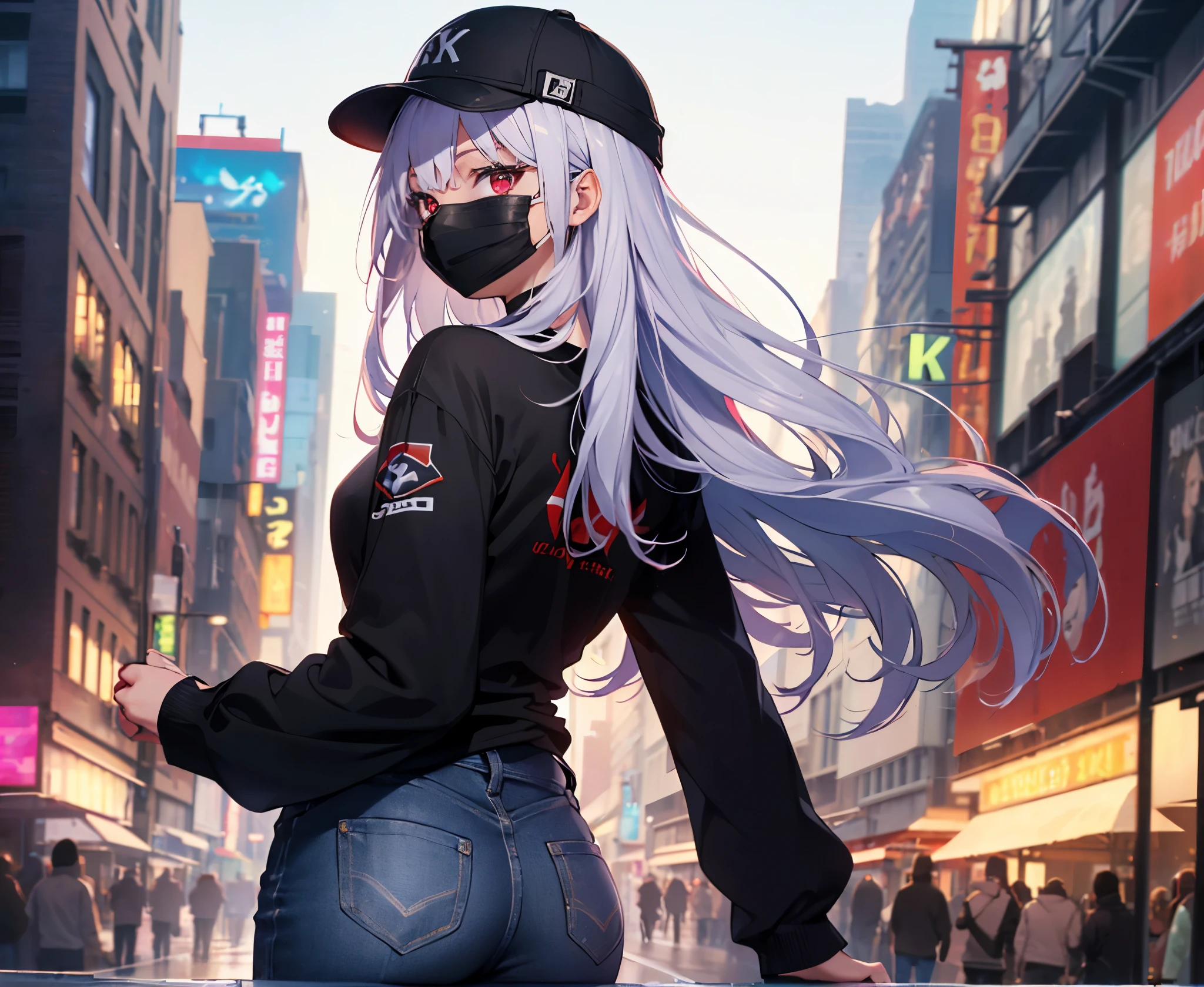 (Close-up:1.3),Realistic,highest quality, Super detailed, High-quality CG rendering, The most delicate and beautiful, Floating softly, High resolution, (1 female), (highest quality,4K,8k,masterpiece:1.2), Light purple hair,Long Hair,Red eyes,(White oversized long sleeve T-shirt:1.3),(Black skinny pants:1.3),(White cap:1.3),In the city,old buildings,(Black Mask:1.4),(Upper Body:1.3),(Turn your back to your audience:1.3),Butt