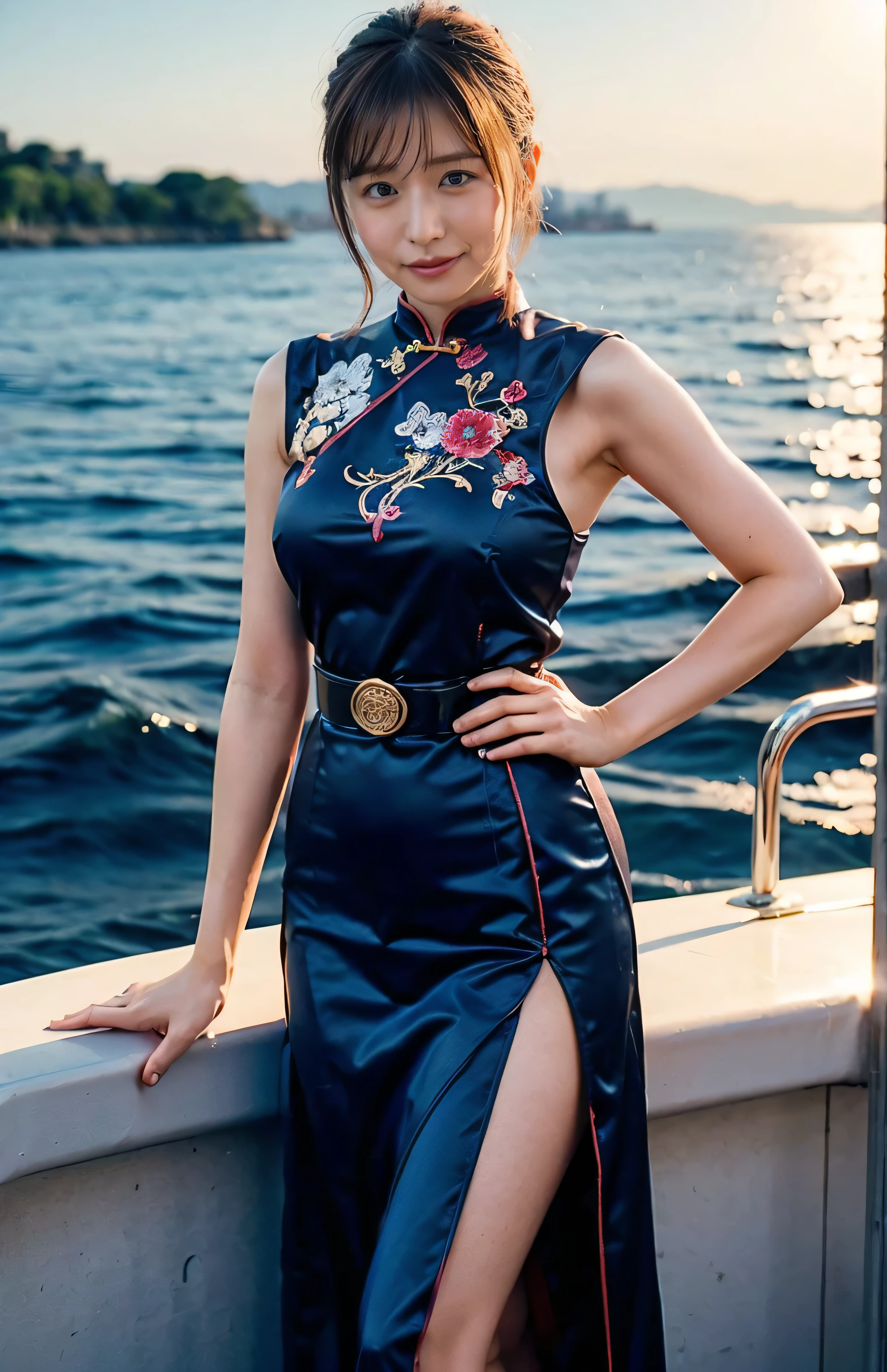 The sky turns red、A gorgeous silk cheongsam without a belt、((Standing on a boat with one hand on hip、Luxurious and shiny navy-colored Chinese dress with embroidered long skirt:1.4)).A luxurious and shiny silk cheongsam、A luxurious navy blue cheongsam with embroidery、Woman standing on a boat、Light brown hair、Elegant hairstyle、Blue Eyed Woman、A woman with a cute upward gaze、When the sky gets dark、The gentle light of the ship shines、The sky turns red as the sun sets、Tight clothing that shows your body lines、、Elegant navy blue summer knit、Elegant black summer sweater、belt、Short skirt、Dress elegantly着こなす、Luxury Bagedium Shorthair:1.4))、Skyscrapers seen across the sea、Manhattan 私sland is visible offshore、Woman on a sightseeing boat、、The sun shines on her、Light brown hair、Light brown hair、The sky was dyed red、There are clouds、private's cute、An elegantly dressed woman is sitting on a boat and watching the sunset、Her ample breasts are obvious even through her clothes..、The shining sun is so beautiful、Dusk is approaching、Lens flare、I can see the sunset、((Sunlight reflecting off the ocean、Ocean View、The sun shines on the sea、'beautiful.、Small earrings、private'evening、Birds are also flying、、Brown Hair Color、Tying up hair、The woman is on the right:1.4))、High-quality leather belt、Shiny clothes、Light beige hair color、Background Blur、Braid only the front hair、Light brown hair、{{Cowgirl Shot}}、((Close-up shot from the waist up、Ample breasts:1.4))、Smile、Silk clothing、Ample breasts that can be seen even through clothes、Braid only the front hair、Cowboy Shot、Gorgeous white collared silk shirt and brown skirt、Dress elegantly、Luxury Bags、A lovely smile、((Ample breasts))、Full body photo、ring、Short skirt、Tuck your hair behind one ear、Silver Necklace、smile、 Elegant ponytail、Caustics、Highly detailed photos、Very beautiful and ideal short hair、Super no makeup、(8k、RAW Photos、highest quality、masterpiece:1.2)、(Realistic、Realistic)、1 girl、((Medium Short Hair、Looking into the camera:1.4))、Hair blowing in the wind