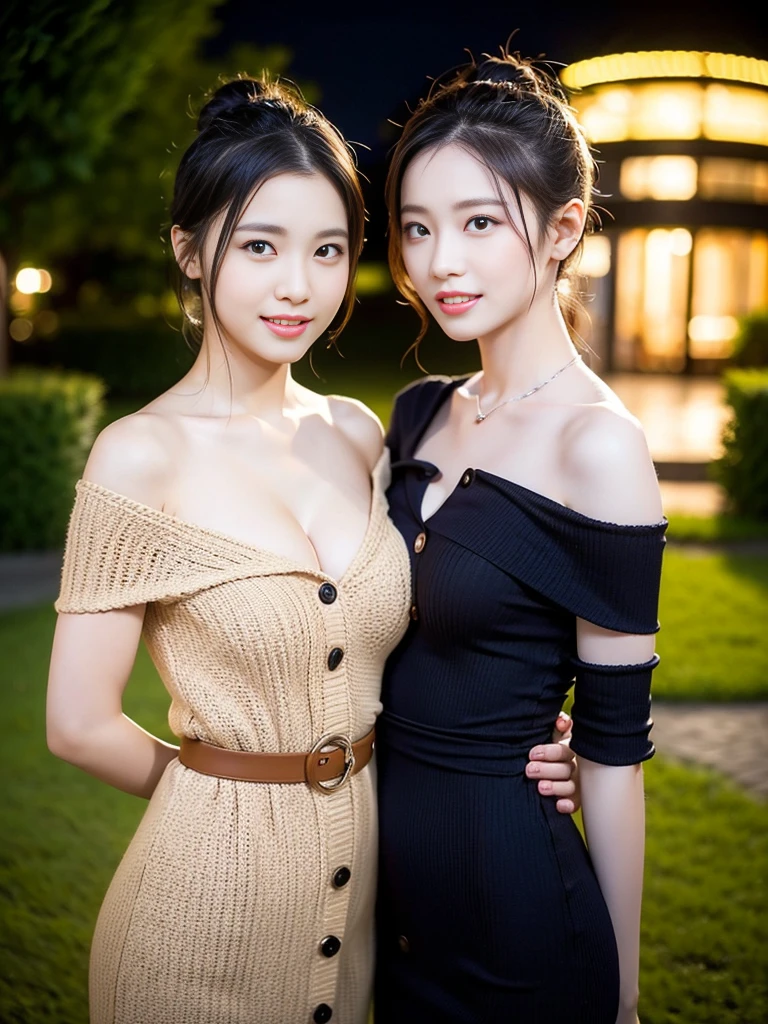 a pair of gorgeous identical twin sisters, age 18, in a light-color and a dark-color Off-Shoulder Knit Midi Dress with Button Details, posing naturally under night sky, dimpled smile, short straight hair, ponytail, cute snaggleteeth, well-endowed round bosom, enchanting cleavage, photorealistic, beautiful detailed eyes, hyper-realism, high contrast, ultra HD, realistic skin textures, top image quality, top-quality, super high resolution, fine details, very meticulously, bokeh background, focused shot head-to-waist