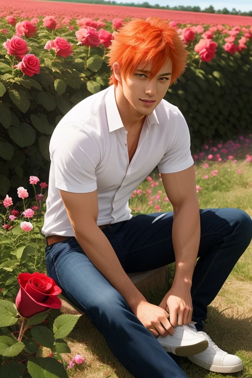 full body photorealistic handsome Hunky orange haired Ichigo, sitting on rose field