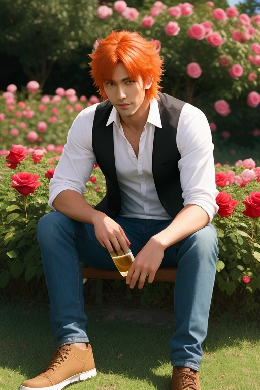 full body photorealistic handsome Hunky orange haired Ichigo, sitting on rose field