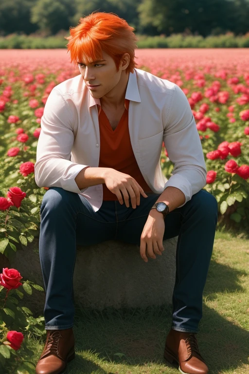 full body photorealistic handsome Hunky orange haired Ichigo, sitting on rose field