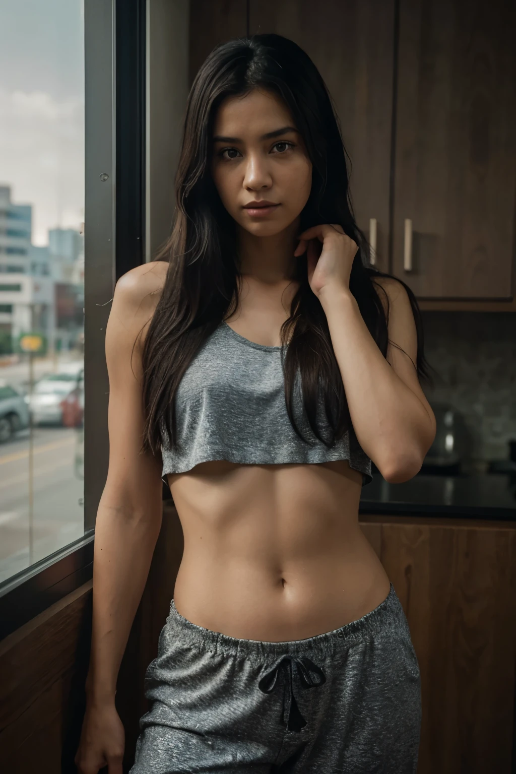 (full body shot), editorial photograph of a 21 year old woman), (highly detailed face:1.4) (smile:0.7) (background inside dark, moody, private study:1.3) POV, by lee jeffries, nikon d850, film stock photograph ,4 kodak portra 400 ,camera f1.6 lens ,rich colors ,hyper realistic ,lifelike texture, dramatic lighting , cinestill 800, wearing a white tshirt and grey panties