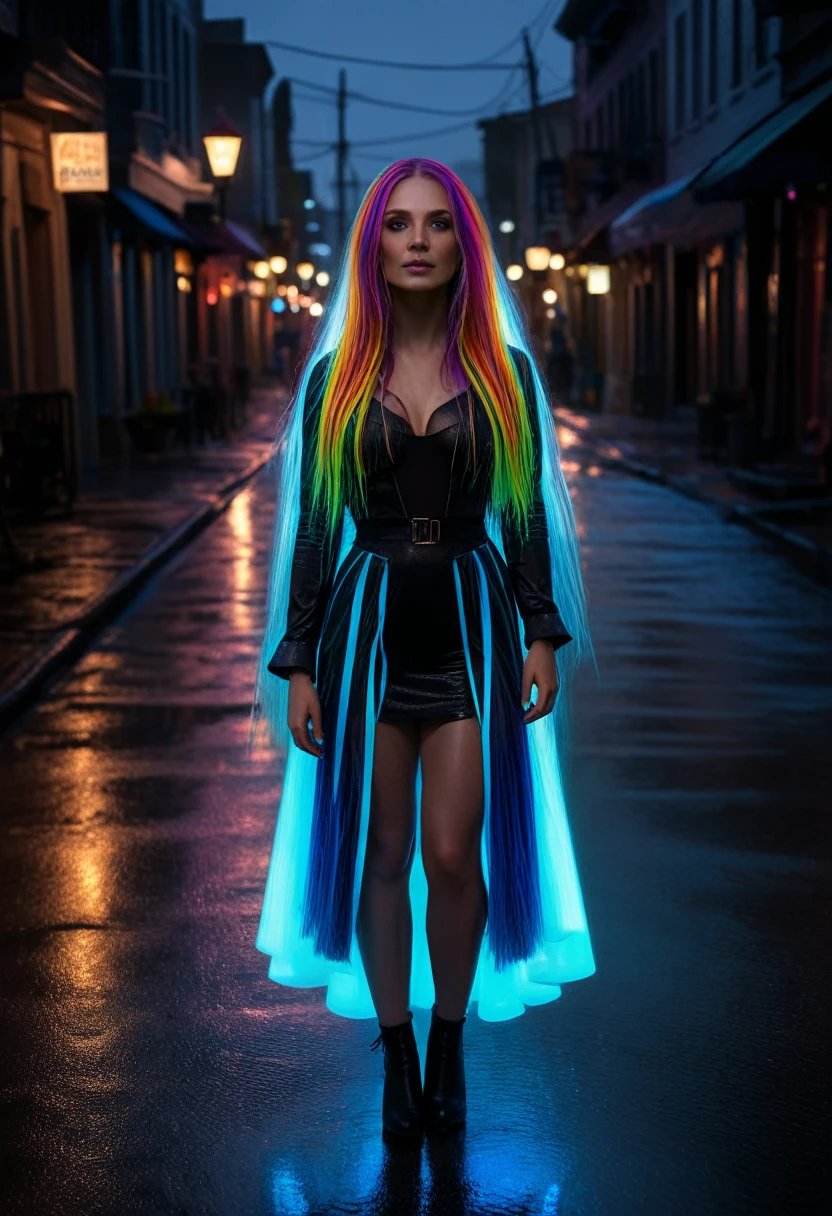 thirty year old witch, rainy city street at night, spellcasting pose, casting a spell, long hair, rainbow spectrum hrglw, (full body shot 1.0), perfect anatomy, cinematic photo (glowing_hair:1.9), realistic, professional photography, (real lighting:1.2), (realistic lighting:1.5), (real ilumination:1.2), (realistic ilumination:1.5), (shadows:1.2),(real shadows), (atmospheric light:1.2), 35mm photograph, film, bokeh, professional, 4k, highly detailed