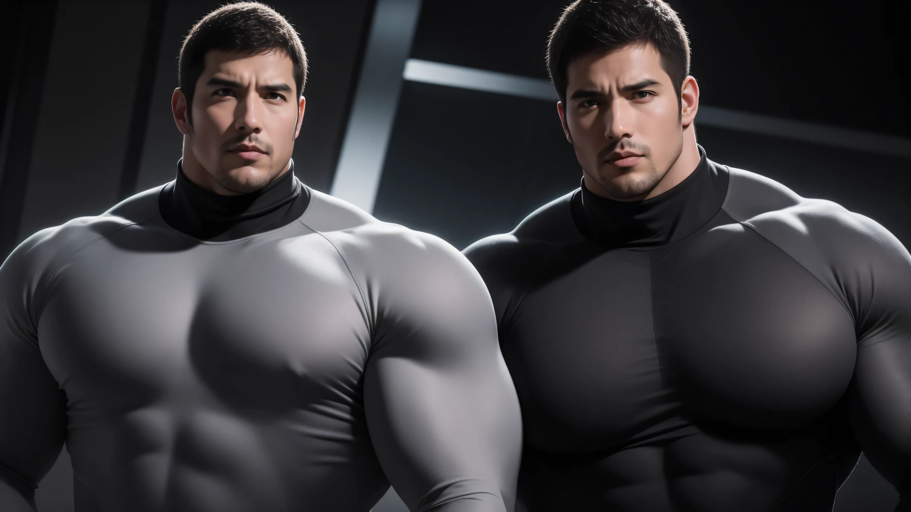 Super muscular man hugging, kissing and caressing, Open mouth and scream,Look at each other affectionately,They hugged each other affectionately,Buzz Cut,In a luxurious and noble mansion, Wear a long-sleeved light grey turtleneck tights, Thickened warm elastic texture,Clothes are very dirty with mud stains,The expression is arrogant, Thick thighs, Messy hair, Thick thighs, High collar long sleeve light grey turtleneck tights, very tight, Regular symmetrical pattern, Highlight muscles, Police uniform pants, character concept(Resident Evil - Chris Redfield, Chris Redfield)A proud expression, Deep and charming eyes, Heroic male pose, tall Burly, muscular!muscular thighs, tough guy, perfect facial features, High, Burly, Heqiang, Super polished and cool, High Resolution Committee, Charismatic, The sun shines through the customers