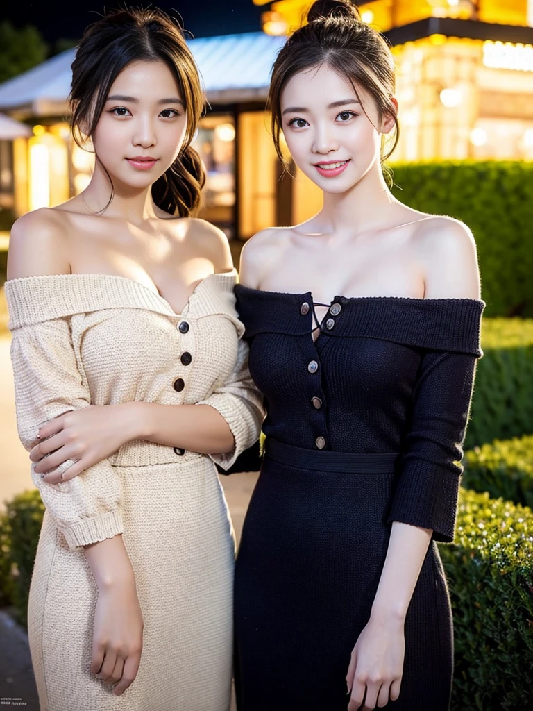 a pair of gorgeous identical twin sisters, age 18, in a light-color and a dark-color Off-Shoulder Knit Midi Dress with Button Details, posing naturally under night sky, dimpled smile, short straight hair, ponytail, cute snaggleteeth, well-endowed round bosom, enchanting cleavage, photorealistic, beautiful detailed eyes, hyper-realism, high contrast, ultra HD, realistic skin textures, top image quality, top-quality, super high resolution, fine details, very meticulously, bokeh background, focused shot head-to-waist