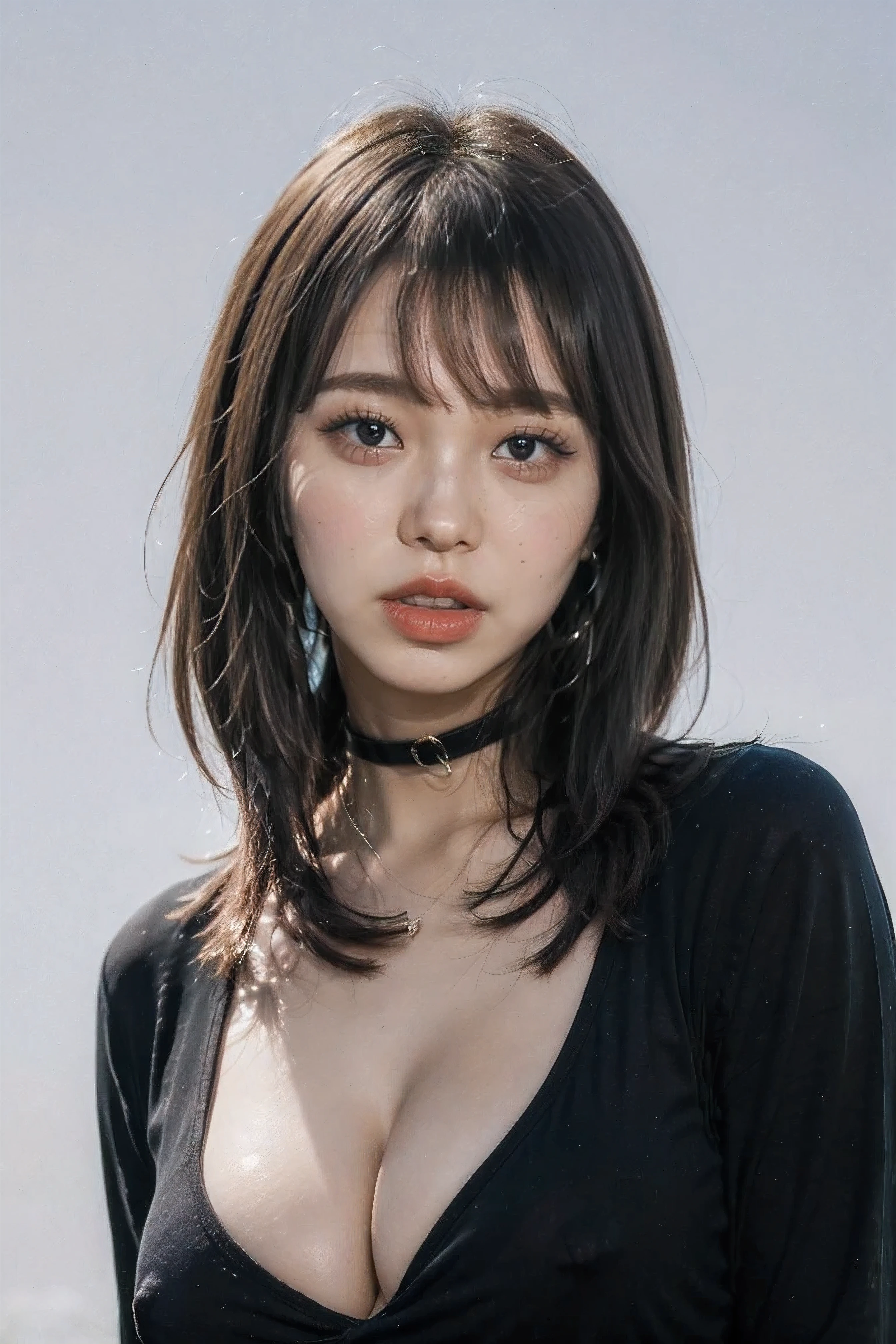 (highest quality,8k,32k,masterpiece,Ultra-high resolution:1.2),((Sexy expression:1.2)), ((Beautiful bangs:1.5)), Positive, Professional Lighting, Flash photography, Shaded photo,((Cleavage:1.5)),((small breast)), Upper Body, Face Focus, Choker Necklace, Plain grey background, ((black clothes with a wide open chest:1.2, Tight clothing:1.2)), ((I can't look directly at the nipples:1.5, Know the shape of your nipples:1.6))