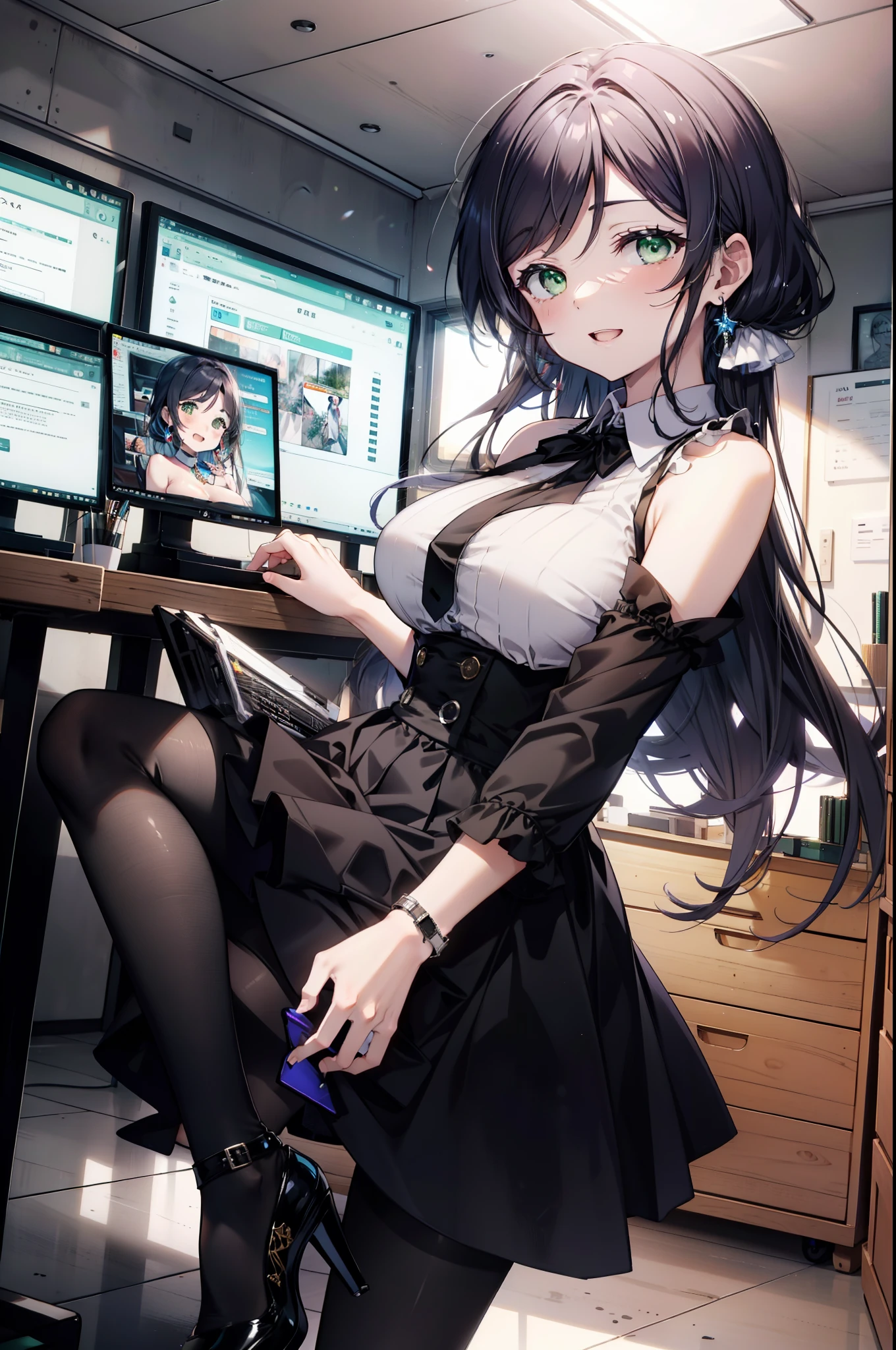 masterpiece, best quality, <lora:rfb10-000007:1>, RFB, sitting, smile face, effect, skirt, computer, table,